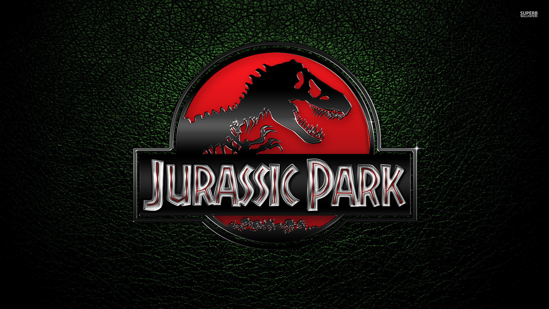 Jurassic Park logo, Leather texture, Embossed, Emblem, Full HD 1080p, desktop wallpaper