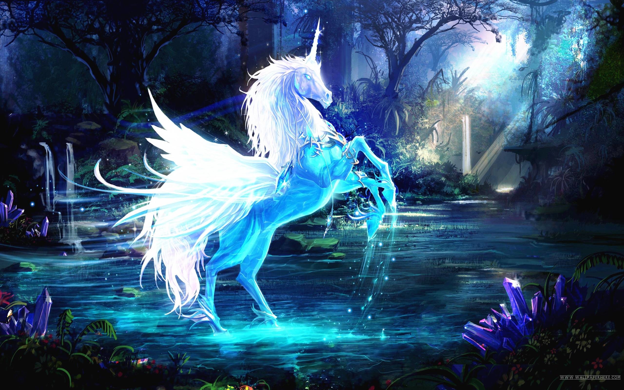 Winged unicorn, Glowing water, Magical forest, 16:10 2K, widescreen wallpaper