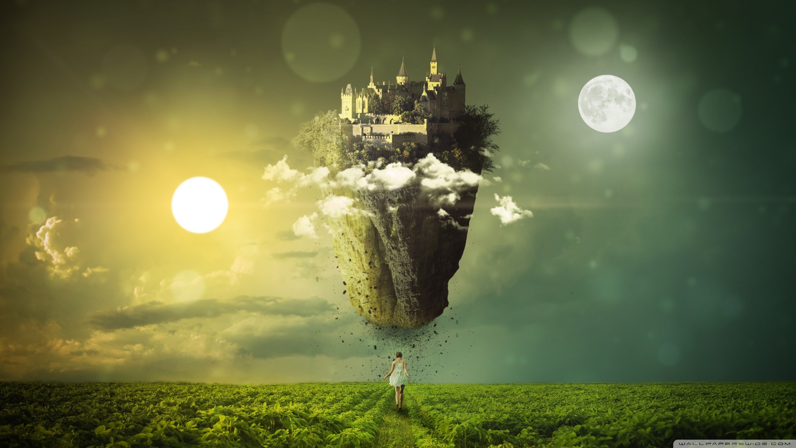 Floating island, Castle, Sun and moon, Surreal, Green sky, 2560x1440, desktop background