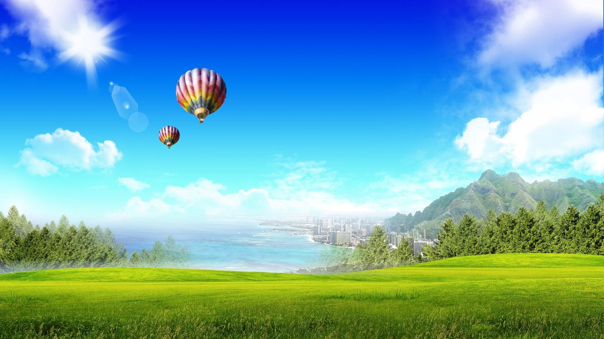 Hot air balloons, Coastal view, Green meadow, Sunny sky, Ocean coastline, Full HD desktop background