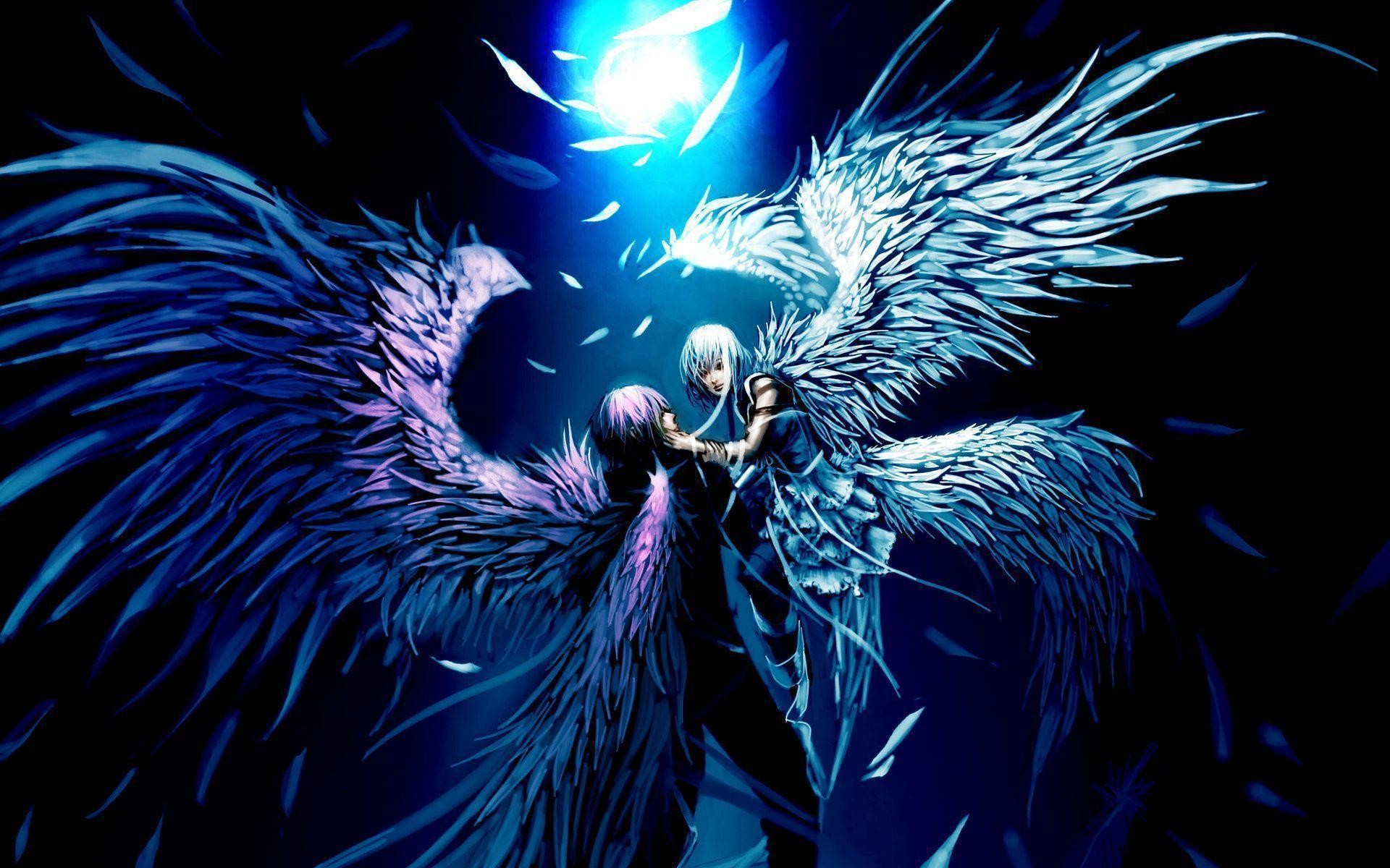 Anime angel, Black wings, White wings, Couple, Night, 1920x1200, MacBook Pro wallpaper