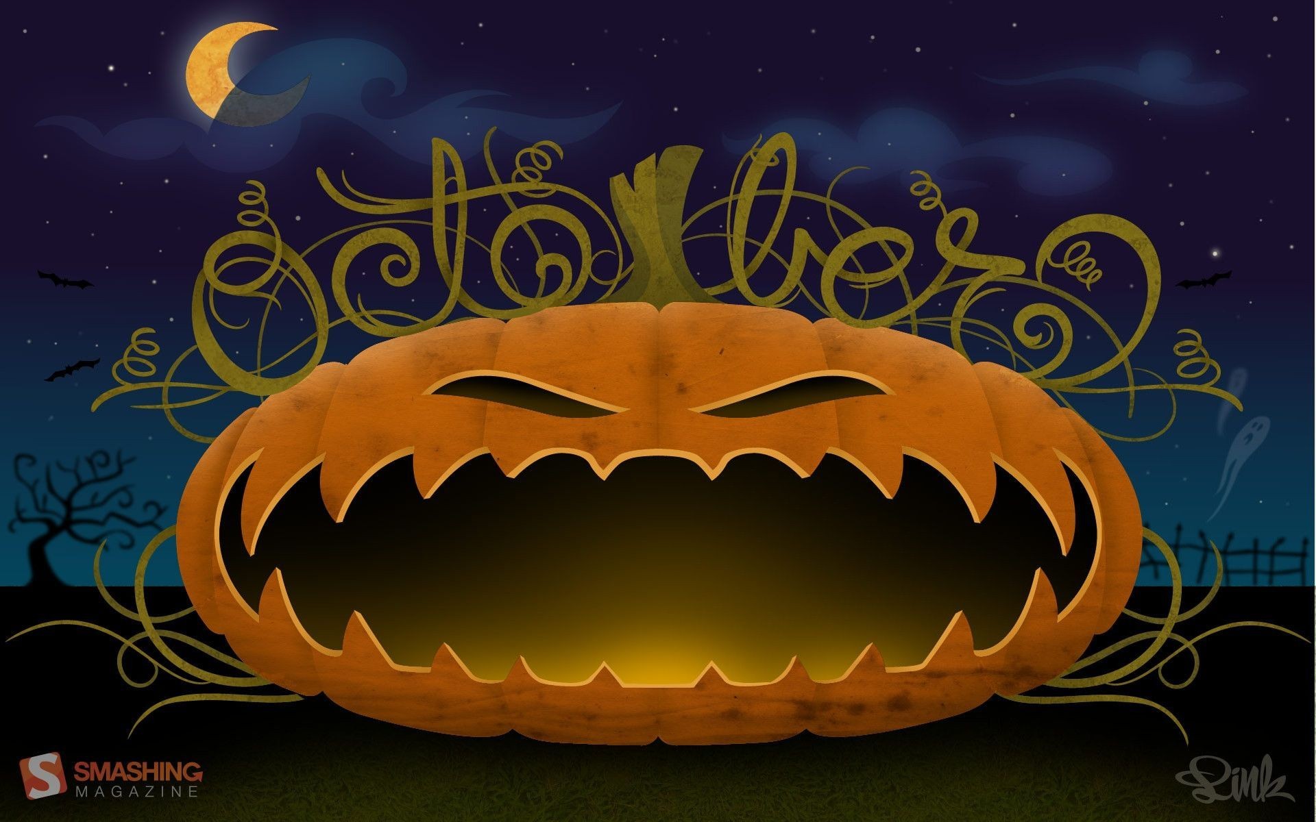October, Jack-o'-lantern, Typography, Crescent moon, Night sky, Illustration, desktop wallpaper