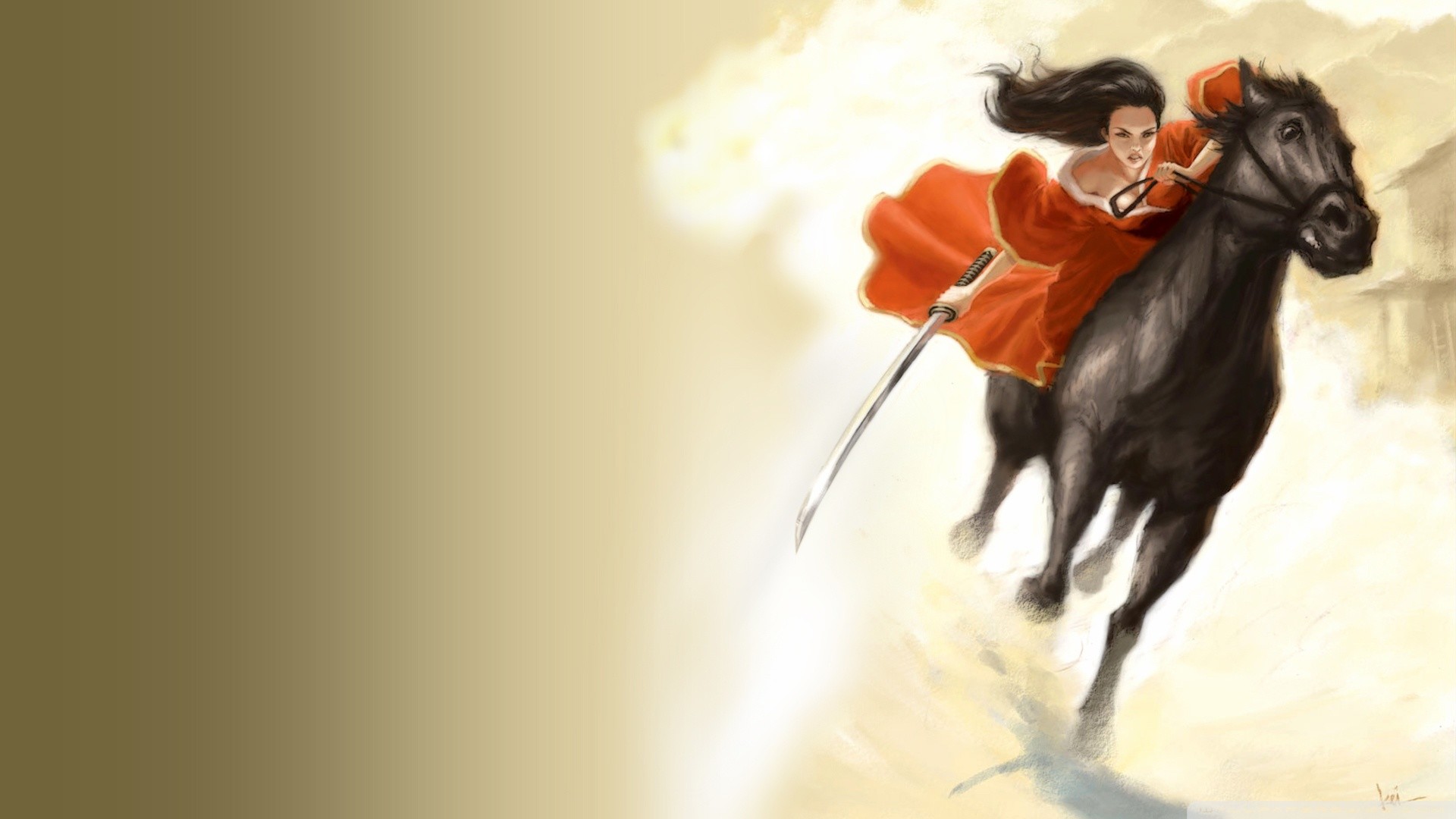Female samurai, Horseback, Katana, Painting, Full HD, desktop wallpaper