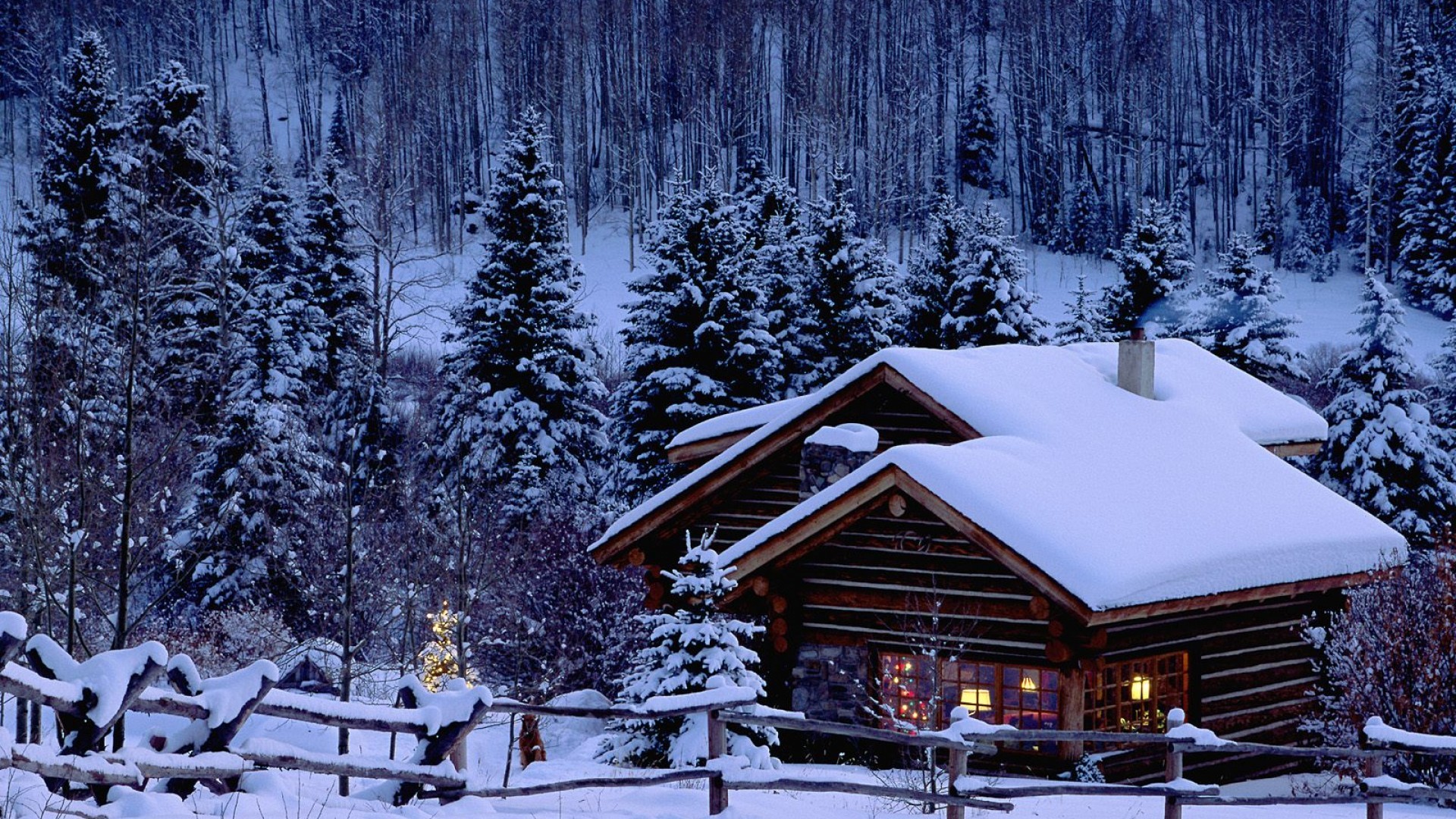 Log cabin, Snow, Winter forest, Christmas, Pine trees, 1920x1080, PC wallpaper