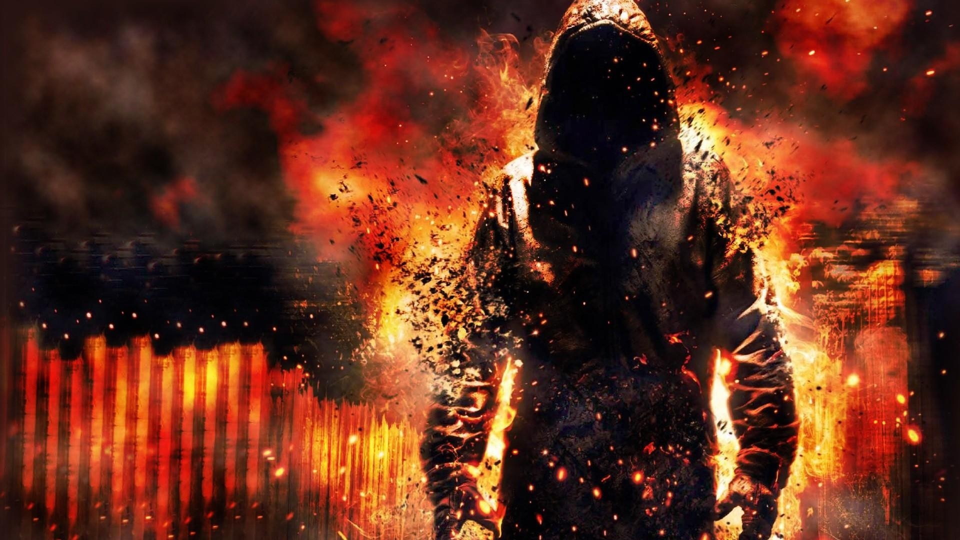 Hoodie, Digital art, Disintegration effect, Fire, Flames, Dark background, 1080p desktop wallpaper