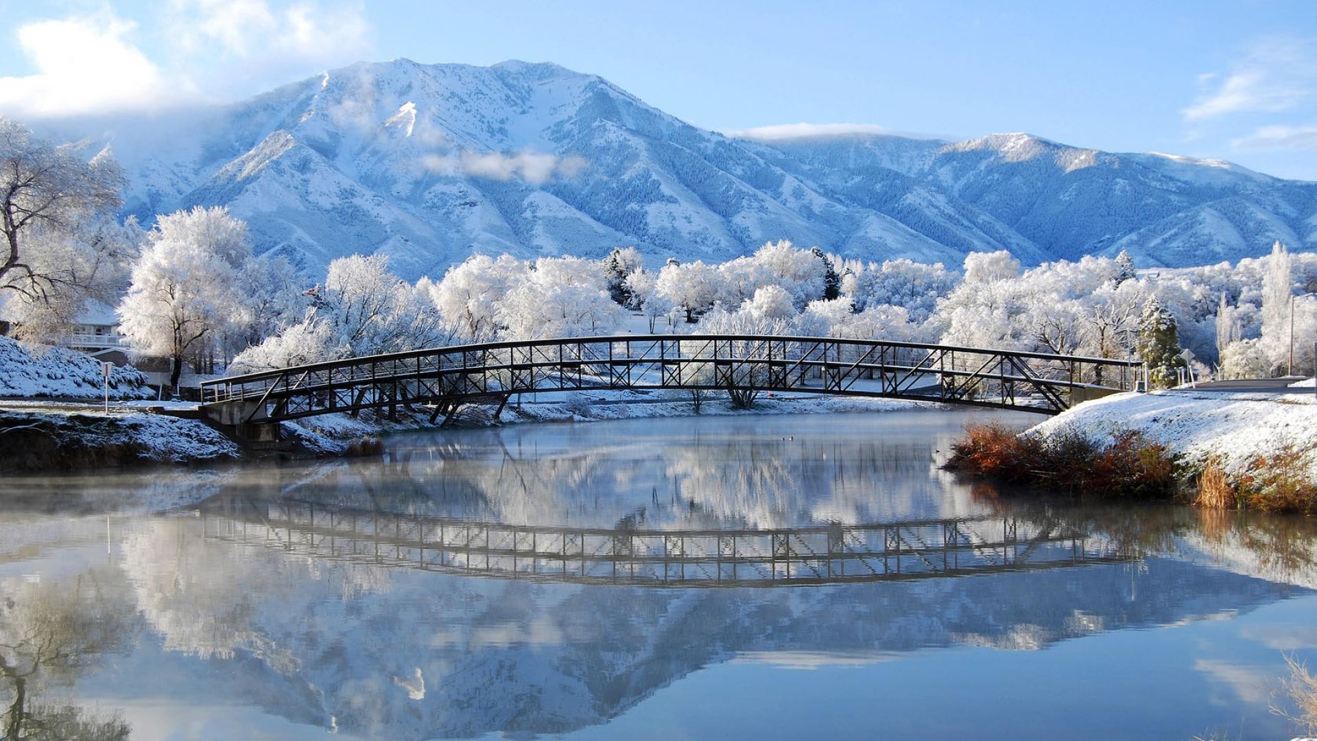 Snowy bridge, Frosted trees, Mountains, Winter lake, computer wallpaper