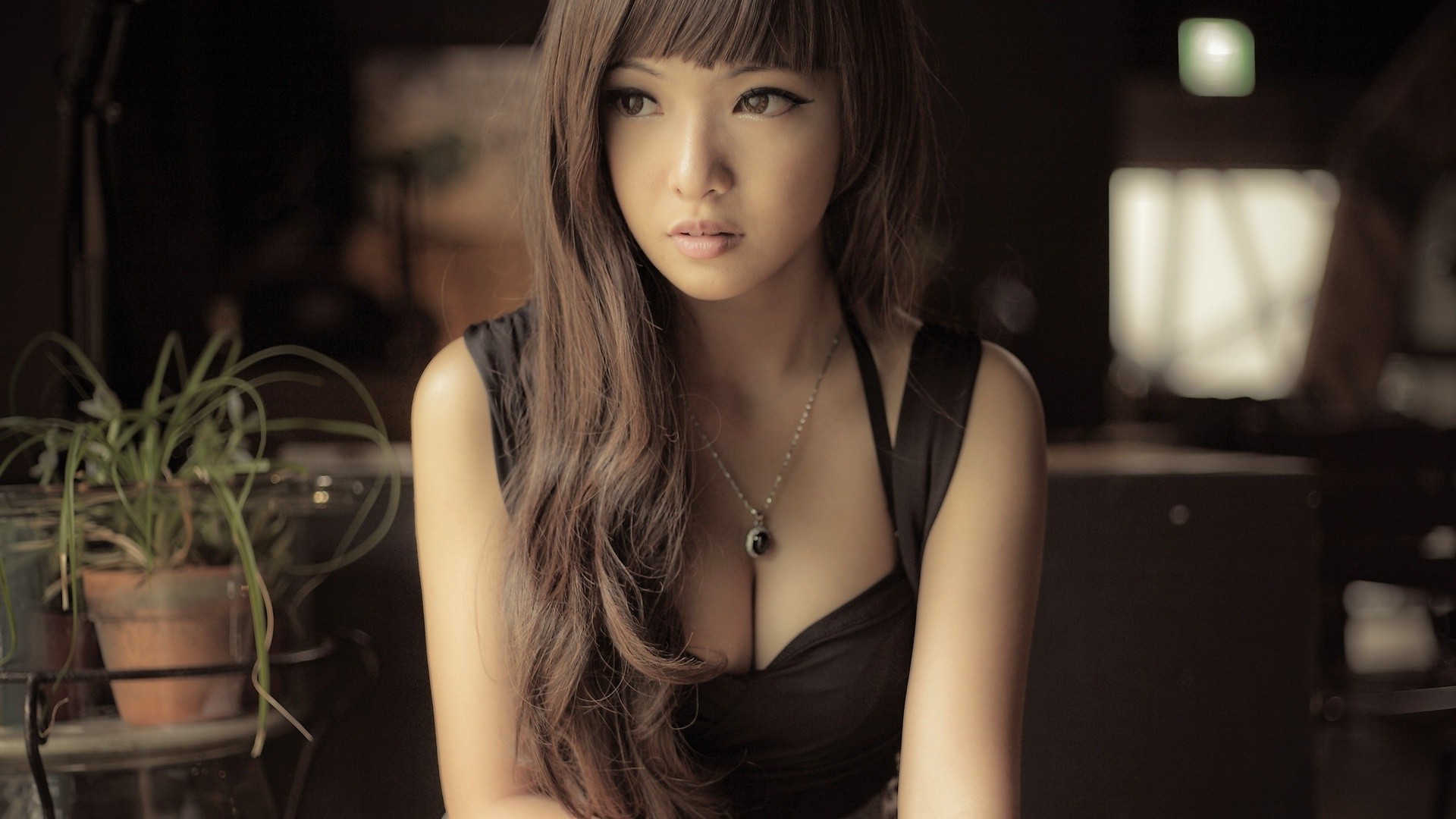 Brunette, Bangs, Black top, Indoor, 1920x1080, PC wallpaper