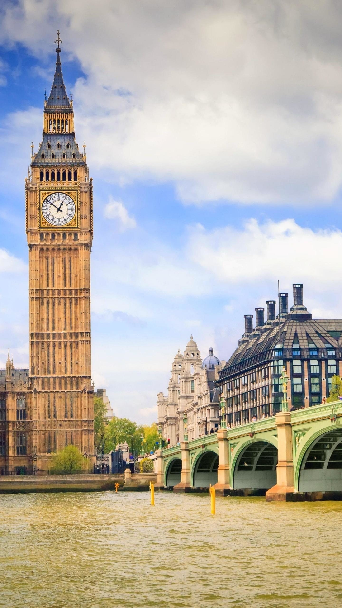 Big Ben, Westminster Bridge, River Thames, Blue sky, wallpaper for iPhone and Android