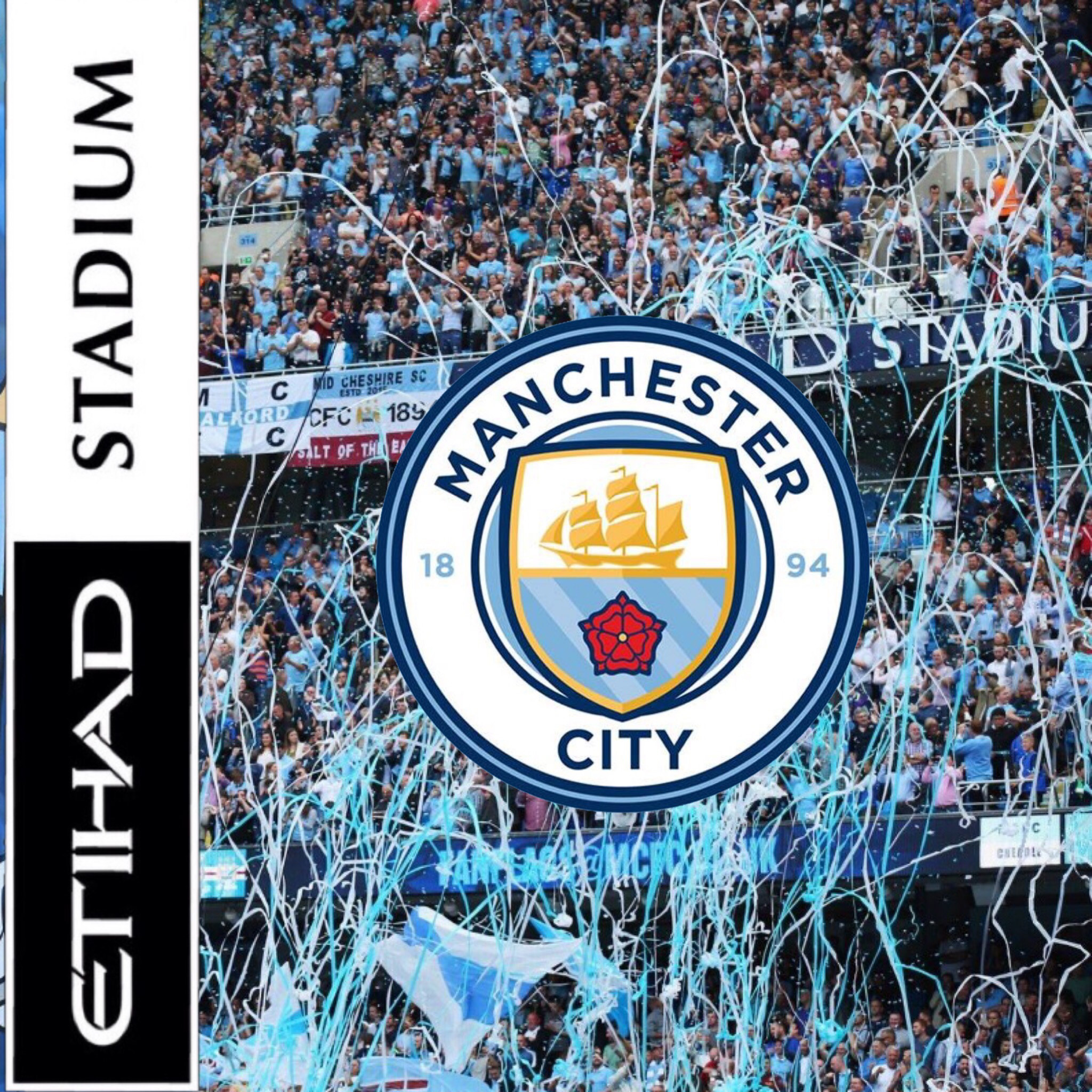 Manchester City F.C., Etihad Stadium, Football supporters, Confetti, Fans, Full HD iPad wallpaper