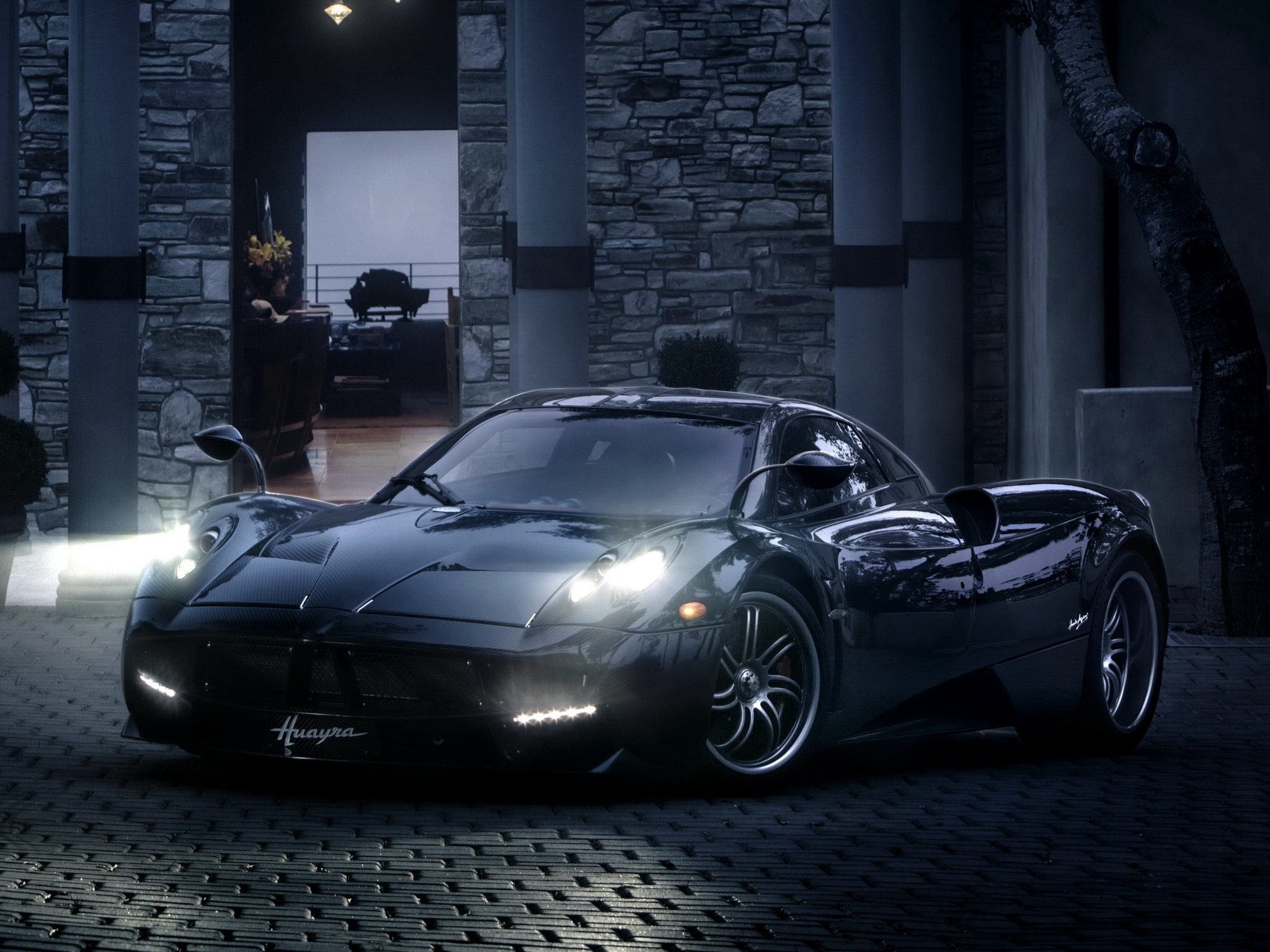 Pagani Huayra, Black, Headlights, Night, Full HD, tablet background