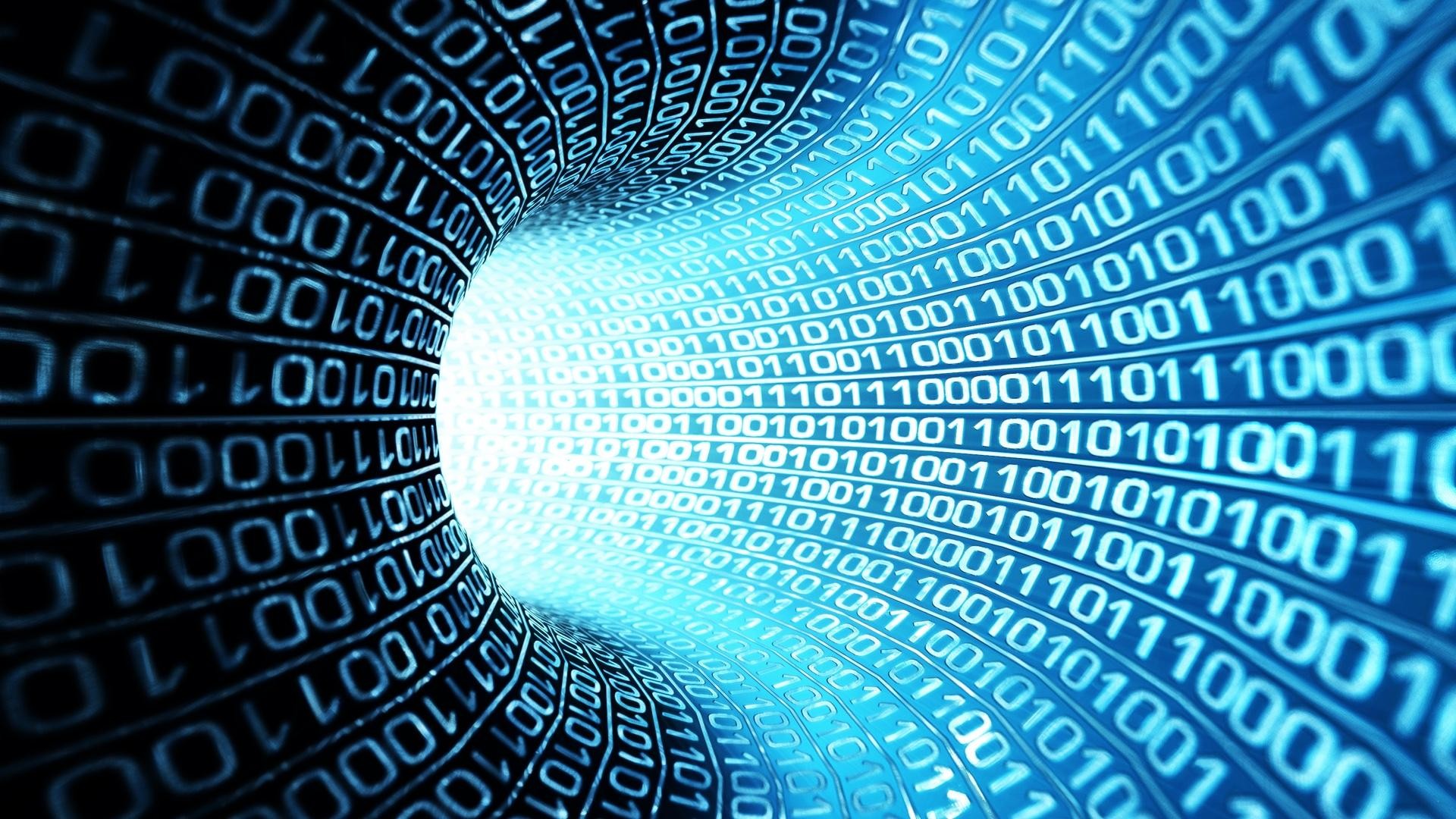 Binary code, Tunnel, Cyberspace, Data stream, Digital art, Blue, Futuristic, Full HD wallpaper