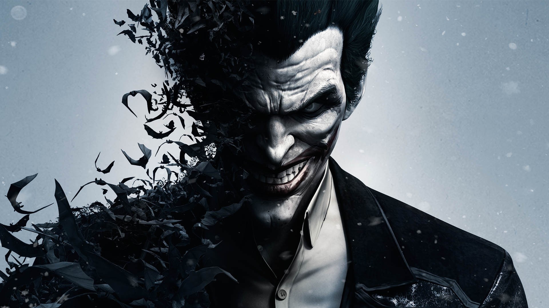 Joker, Batman: Arkham City, Rocksteady Studios, Bat, Portrait, Black and white, desktop wallpaper