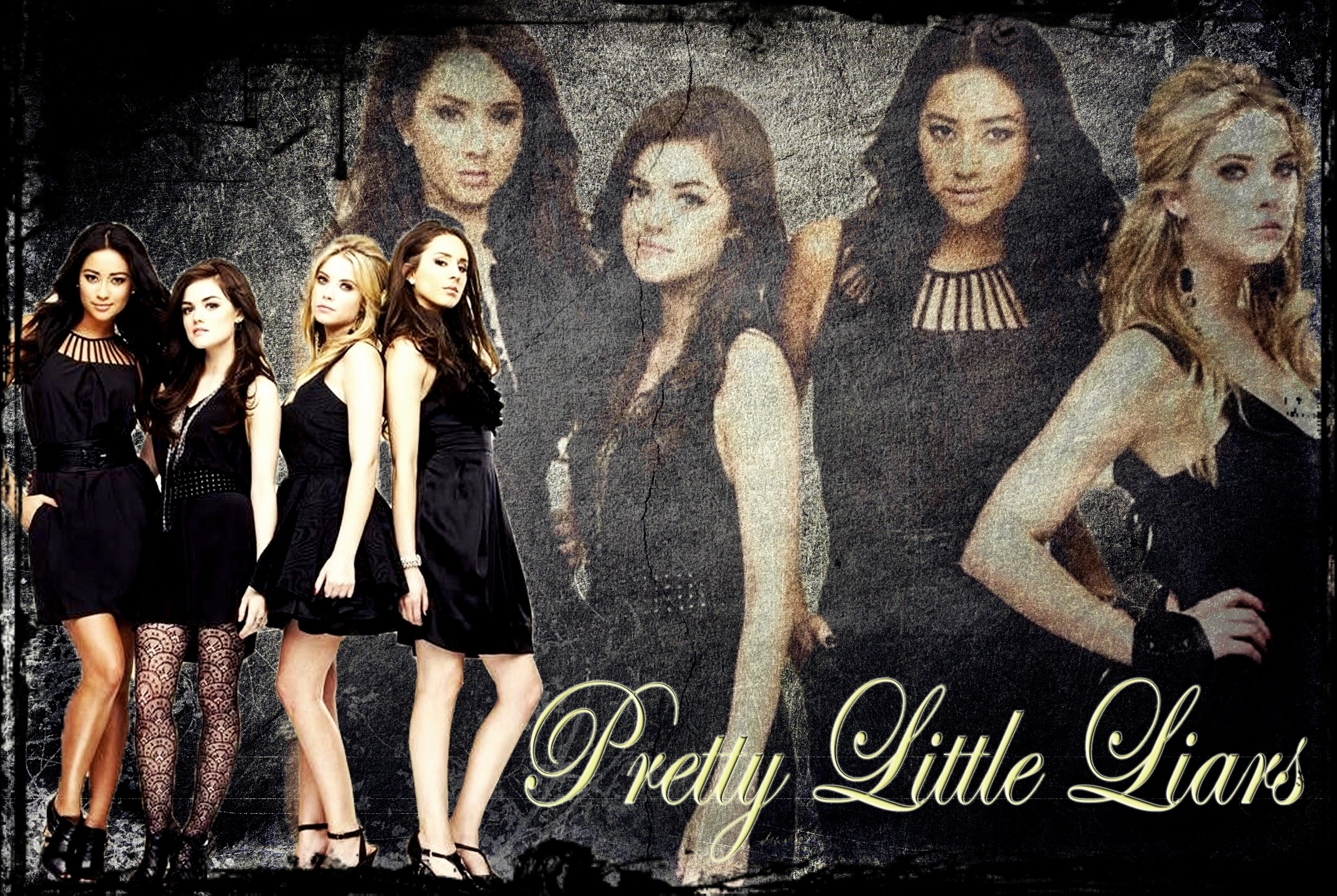Pretty Little Liars, Lucy Hale, Shay Mitchell, Ashley Benson, Grunge, Collage, Full HD background