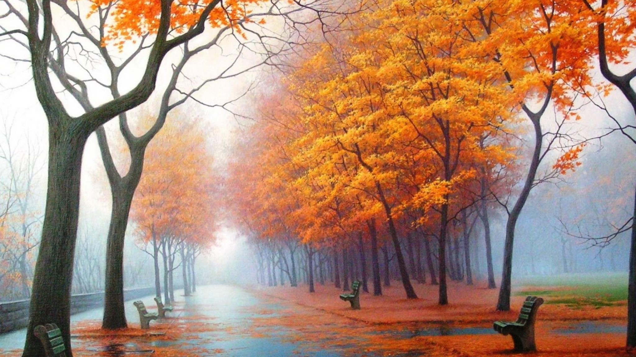 Autumn alley, Fog, Park benches, Orange trees, Full HD, desktop wallpaper