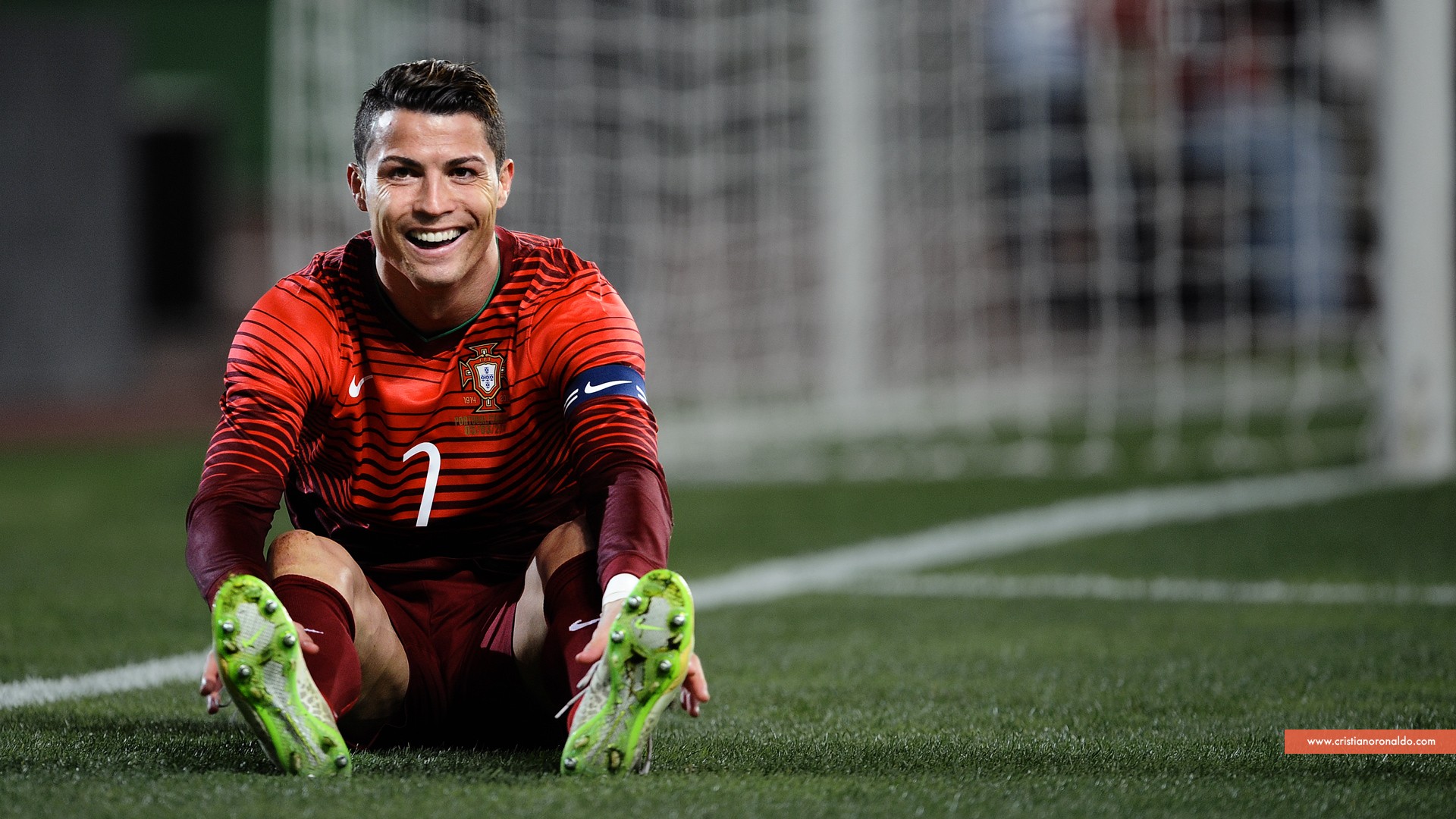 Cristiano Ronaldo, Portugal, Smiling, Sitting on pitch, 16:9 Full HD, widescreen wallpaper