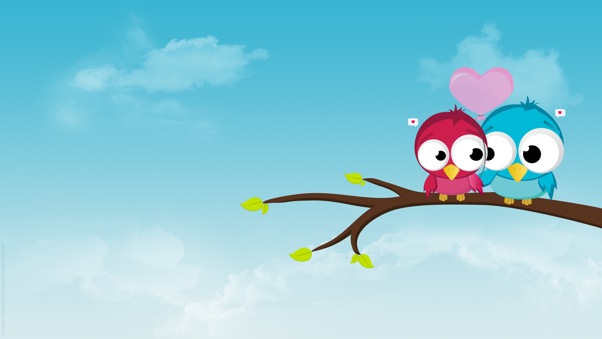 Birds, Tree branch, Cartoon, Sky, 2K, desktop wallpaper