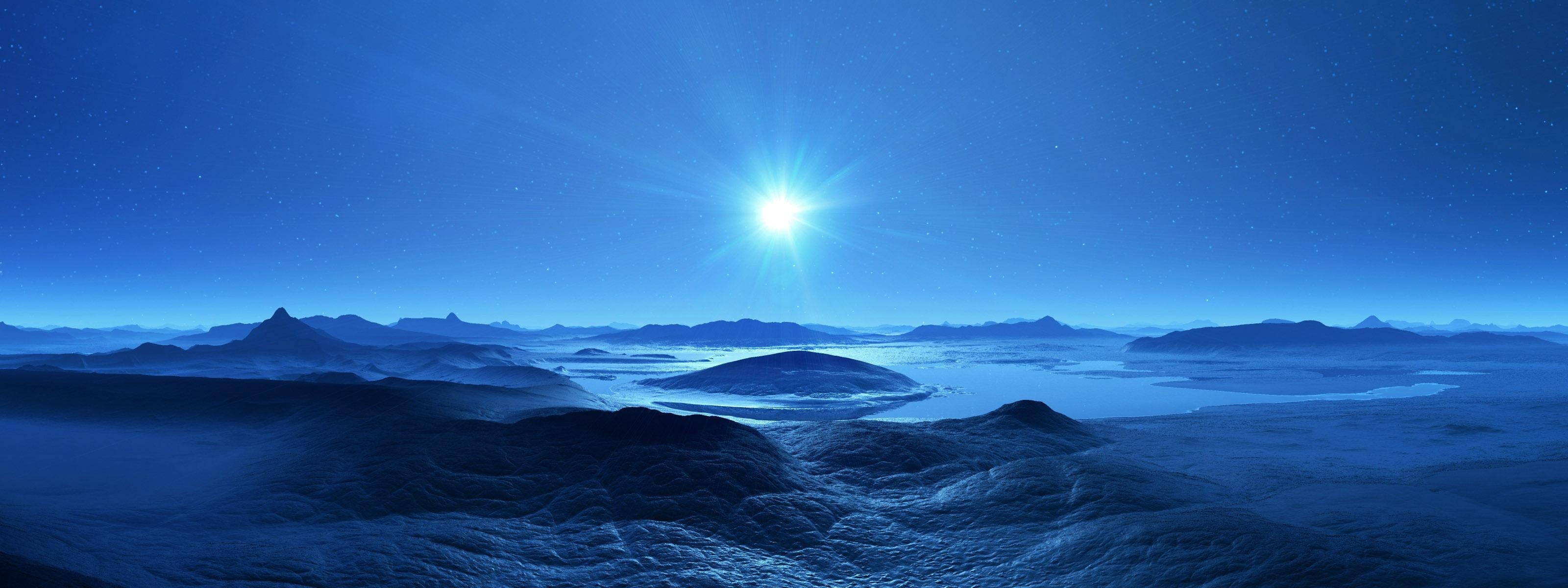 Alien landscape, Exoplanet, Sci-fi landscape, Bright star, Blue hue, Digital art, Night sky, 2K background