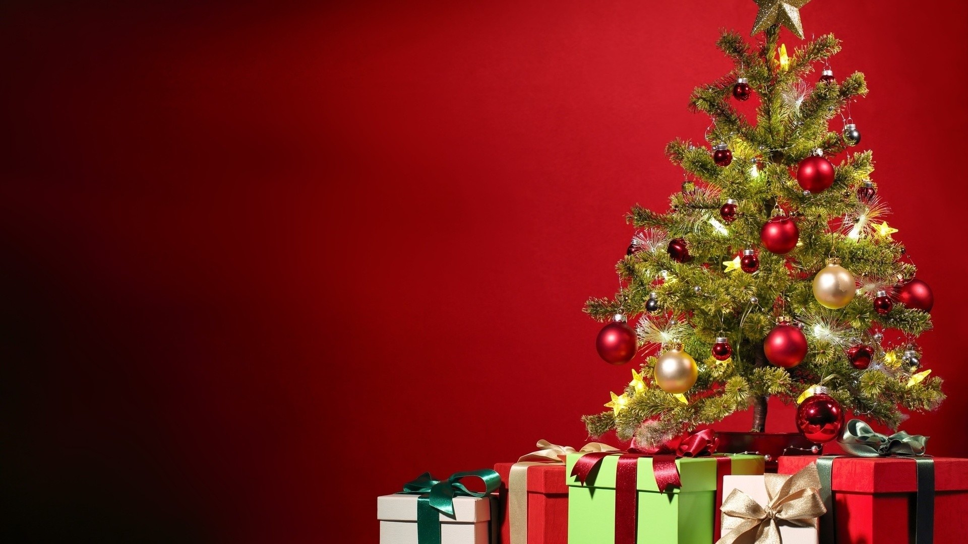 Christmas tree, Gift boxes, Red background, Ornaments, 1920x1080, PC wallpaper