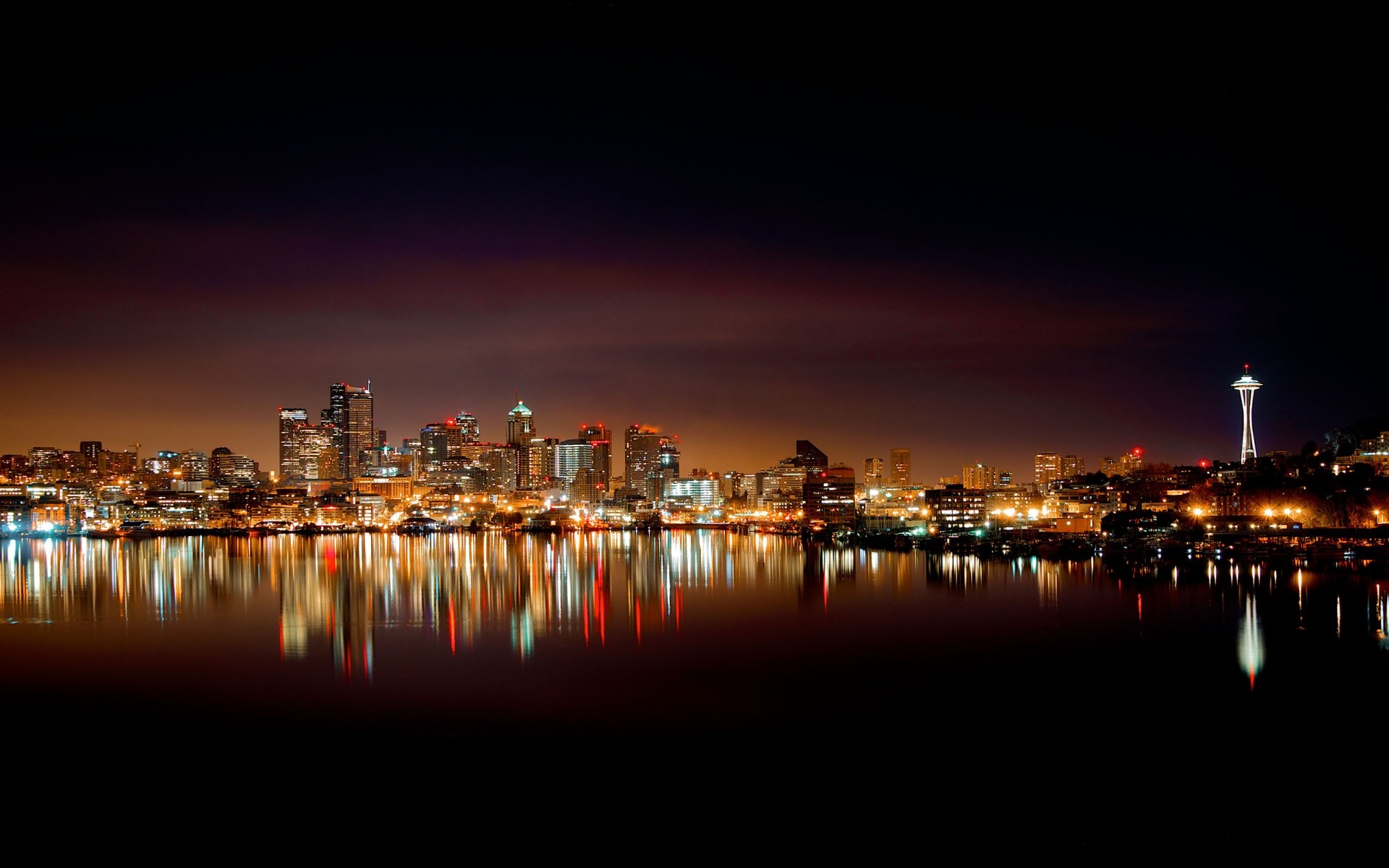 Seattle, Lake Union, Space Needle, Washington, Cityscape, Skyline, Night, Water reflection, Full HD background