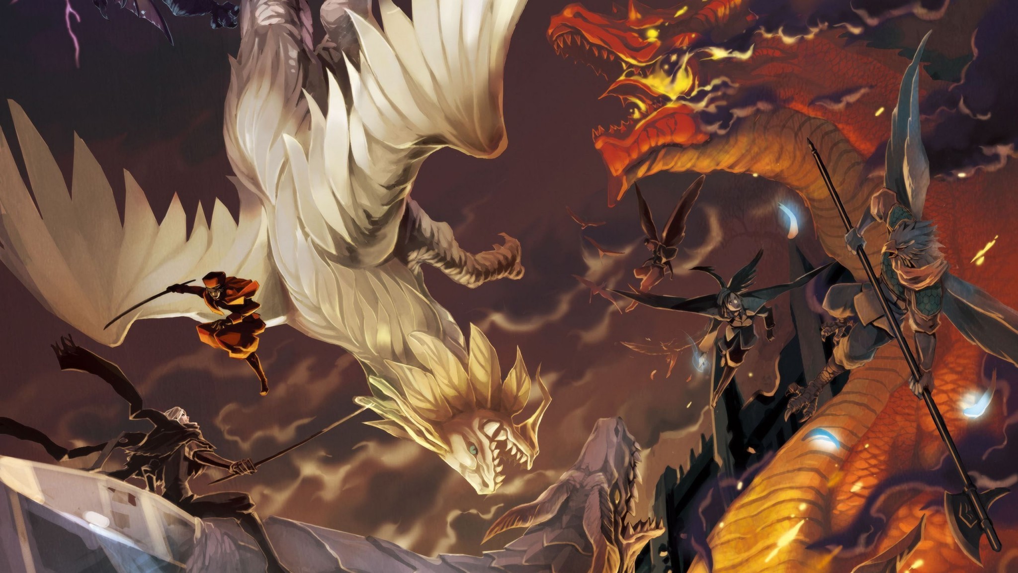 Dragons, Battle, Fantasy art, Warriors, Full HD, Windows 11 wallpaper