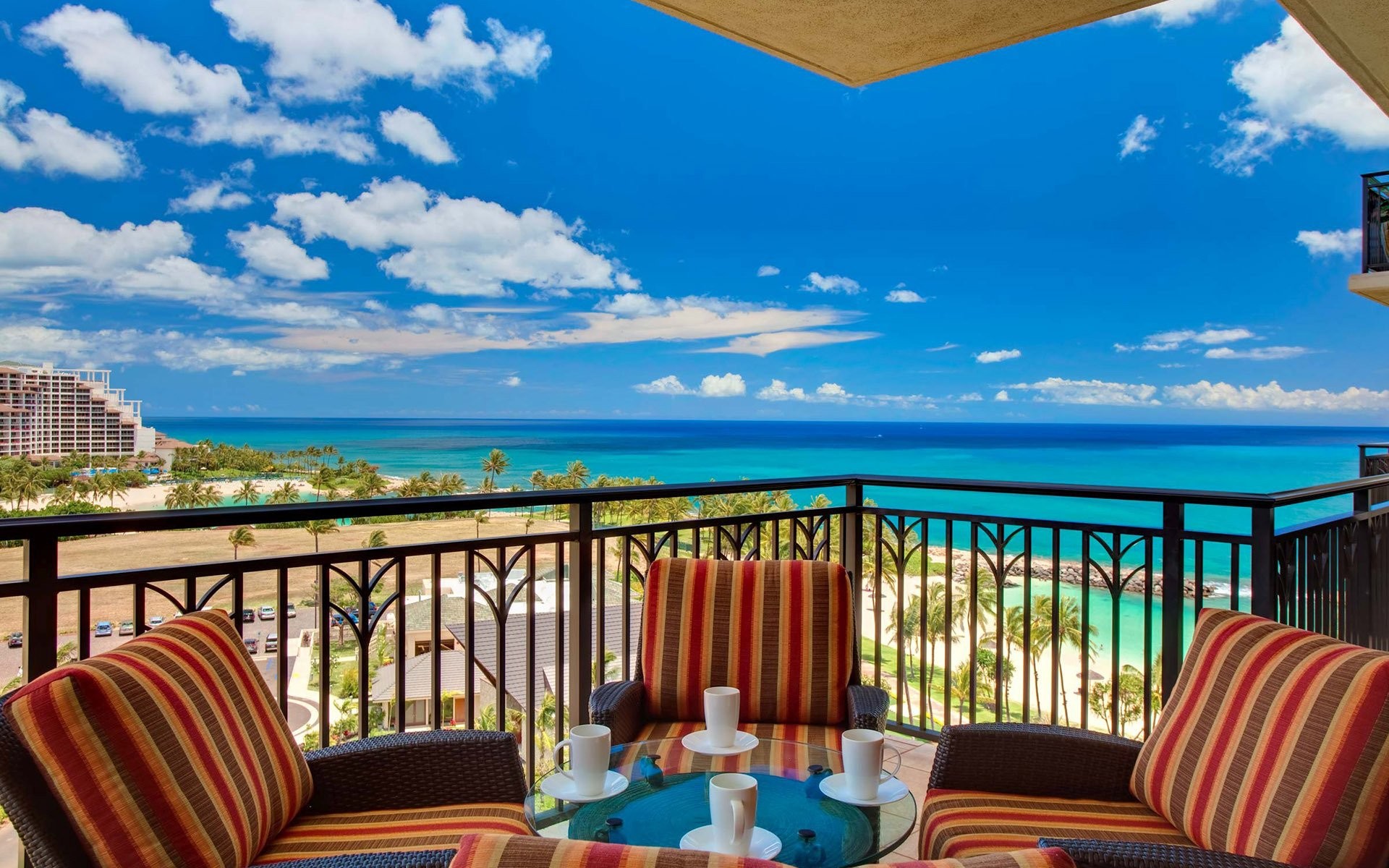 Balcony view, Ocean view, Resort, Patio chairs, Blue sky, 16:10 Full HD, widescreen wallpaper