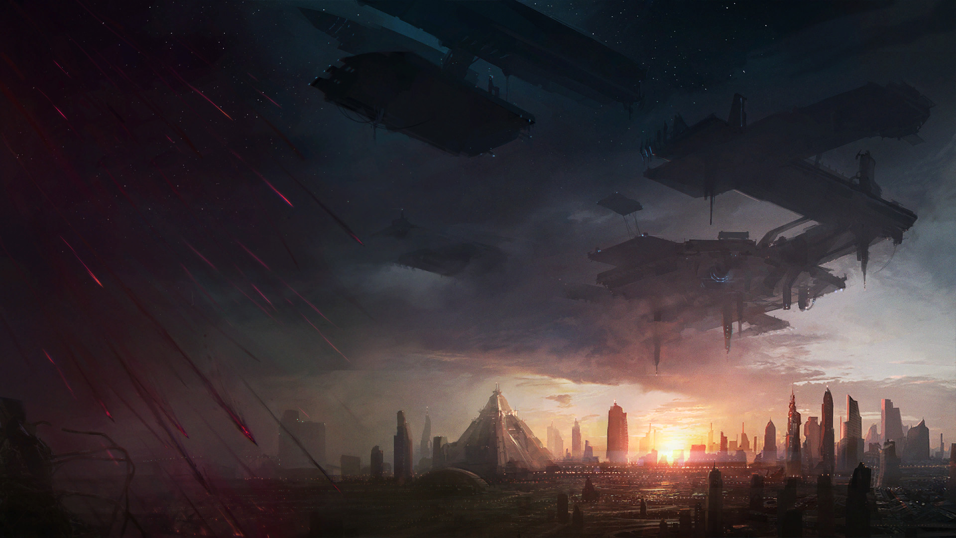 StarCraft, Sci-fi city, Battlecruisers, Dusk, Full HD 1080p, desktop wallpaper
