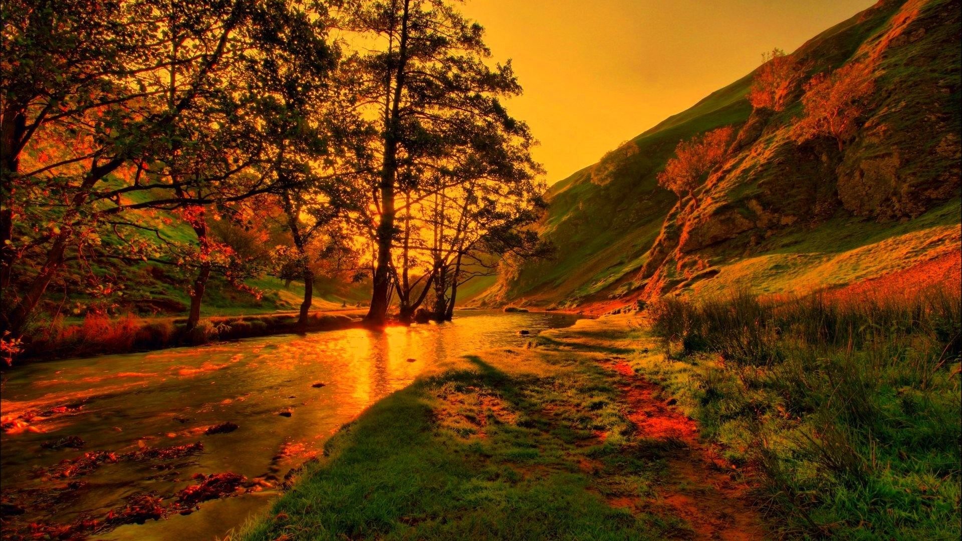 Autumn, River, Golden sky, Valley, Full HD, Windows 11 wallpaper