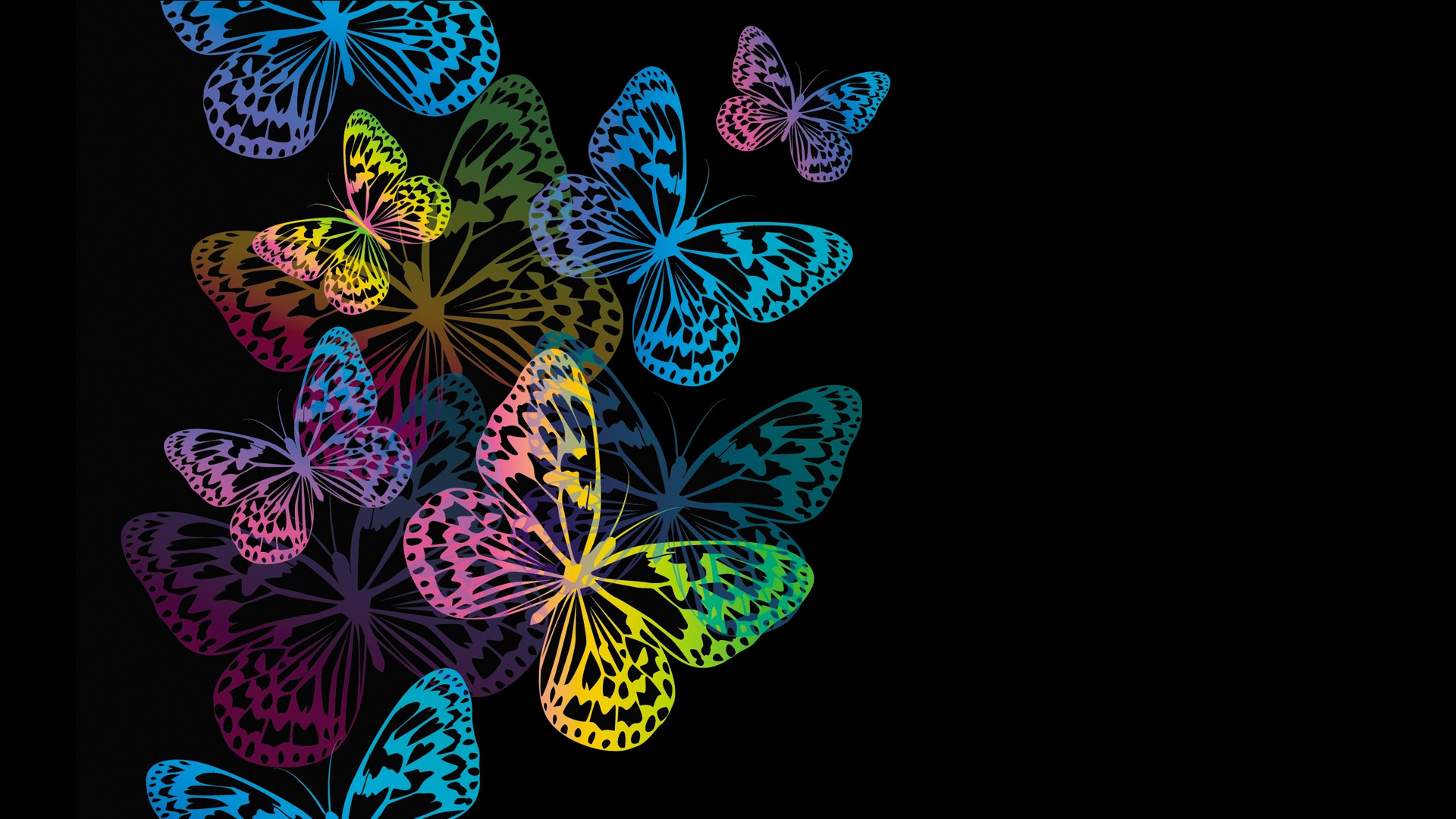 Butterflies, Neon colors, Black background, Rainbow, 1920x1080, PC wallpaper