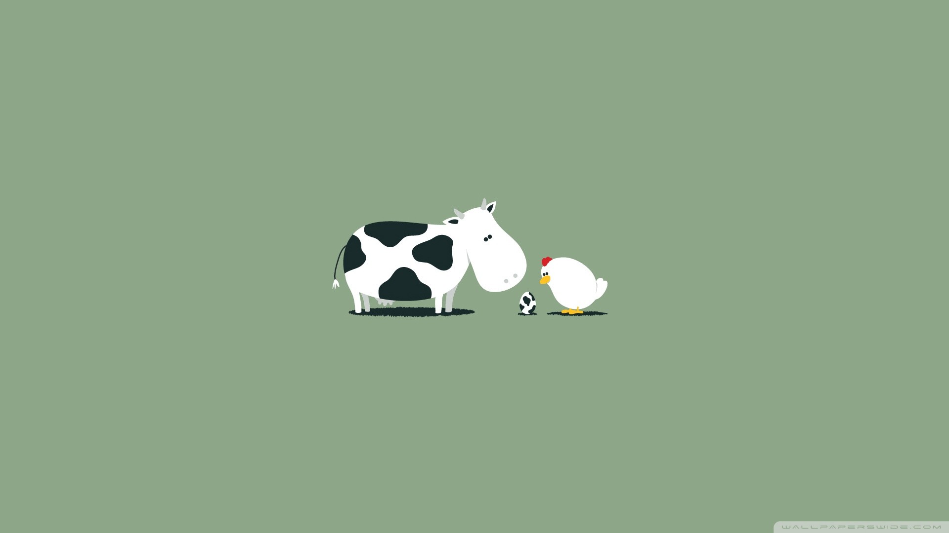 Cow, Chicken, Egg, Minimalism, Humor, Green background, Illustration, Full HD computer wallpaper