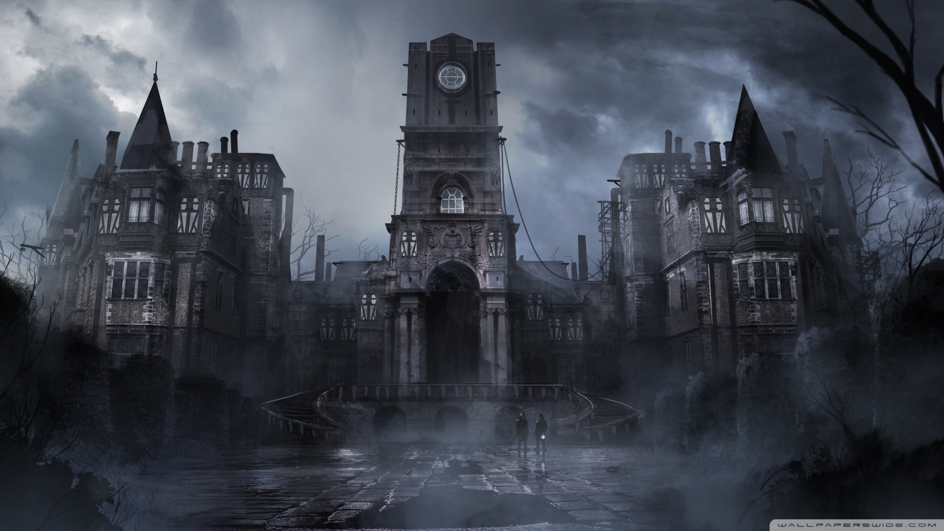 Gothic mansion, Clock tower, Dark, Night, Full HD 1080p, desktop wallpaper