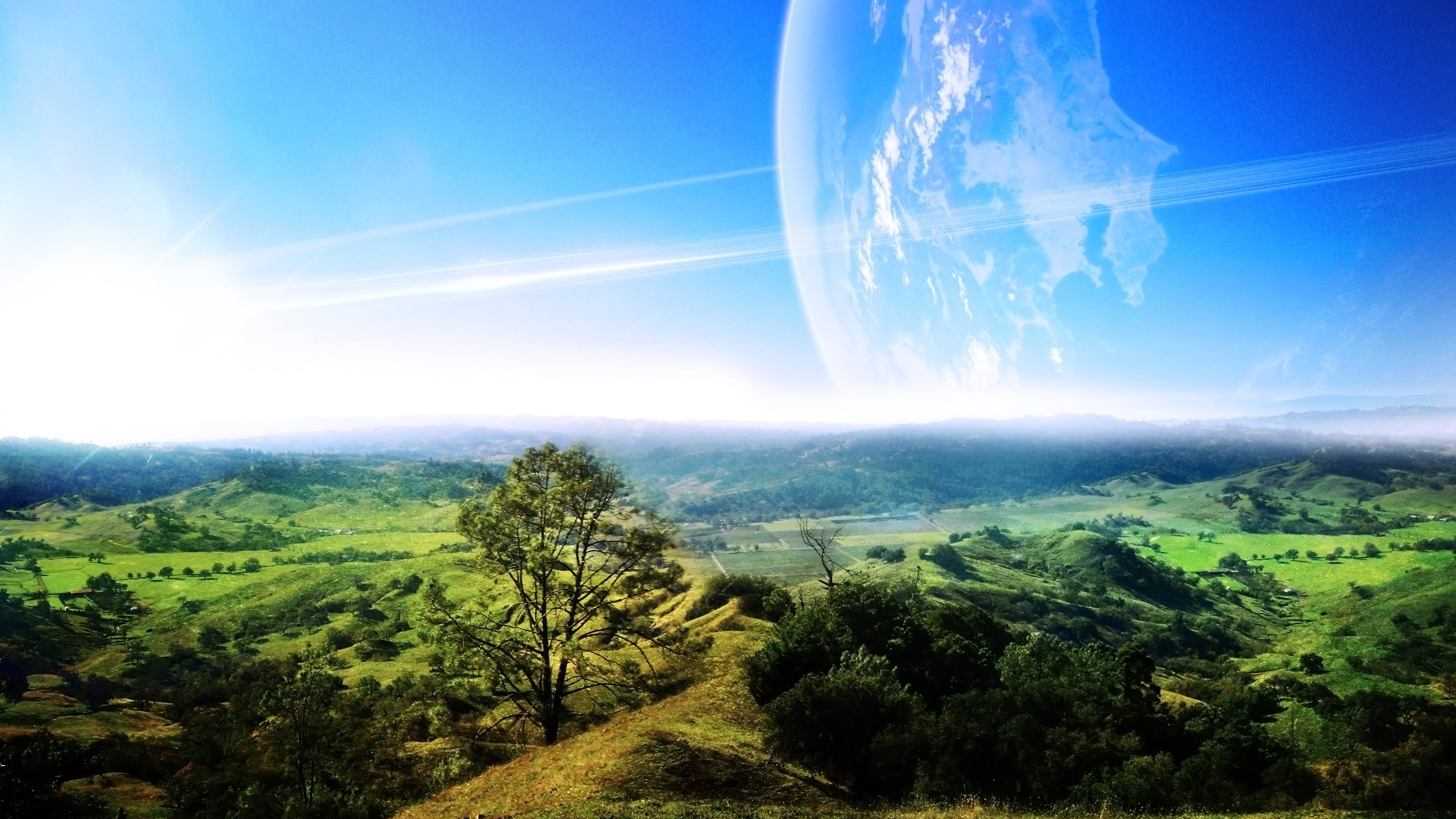 Alien planet, Sci-fi landscape, Rolling hills, Moons, Digital art, Daytime, 3840x2160 desktop wallpaper