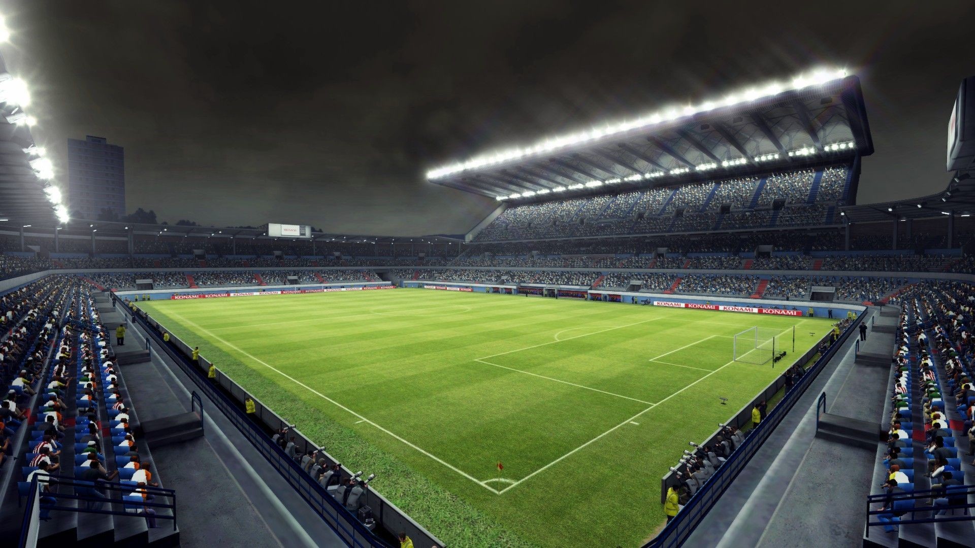 Football stadium, Soccer pitch, Floodlights, Night, Empty stands, Full HD desktop wallpaper