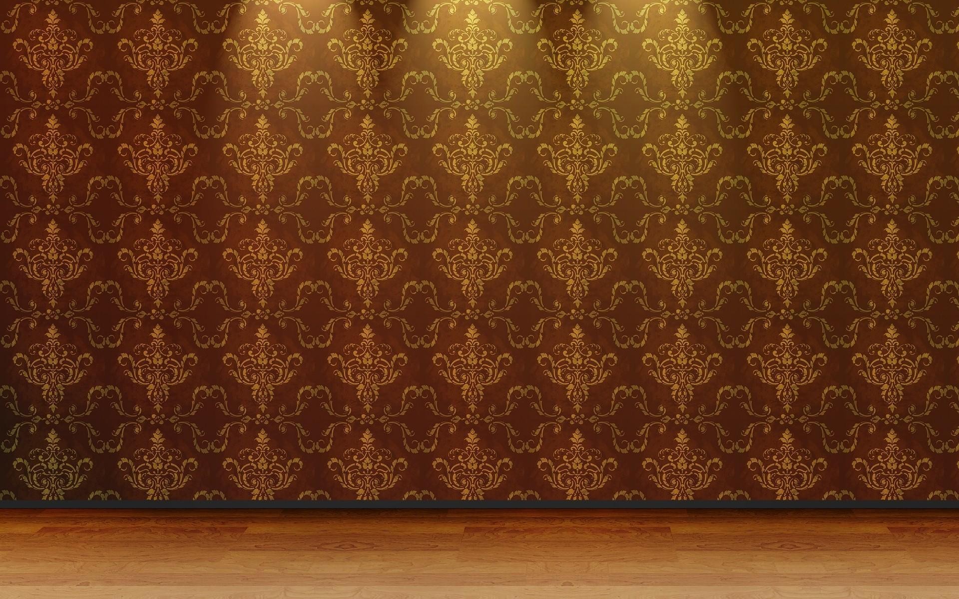 Damask wallpaper, Victorian interior, Wooden floor, Spotlight, Gold and brown, desktop background