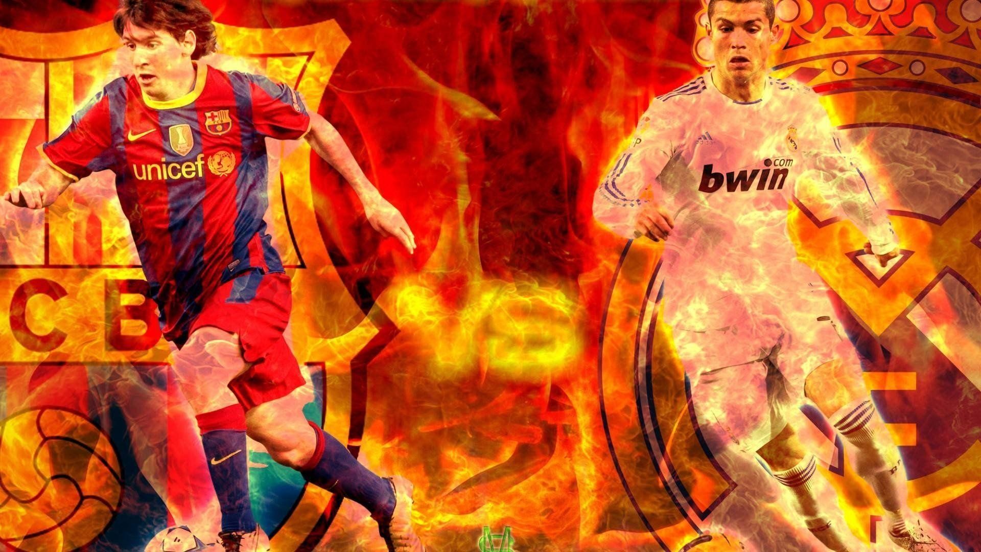 Lionel Messi, Cristiano Ronaldo, FC Barcelona, Real Madrid, Fire, 16:9 Full HD wallpaper