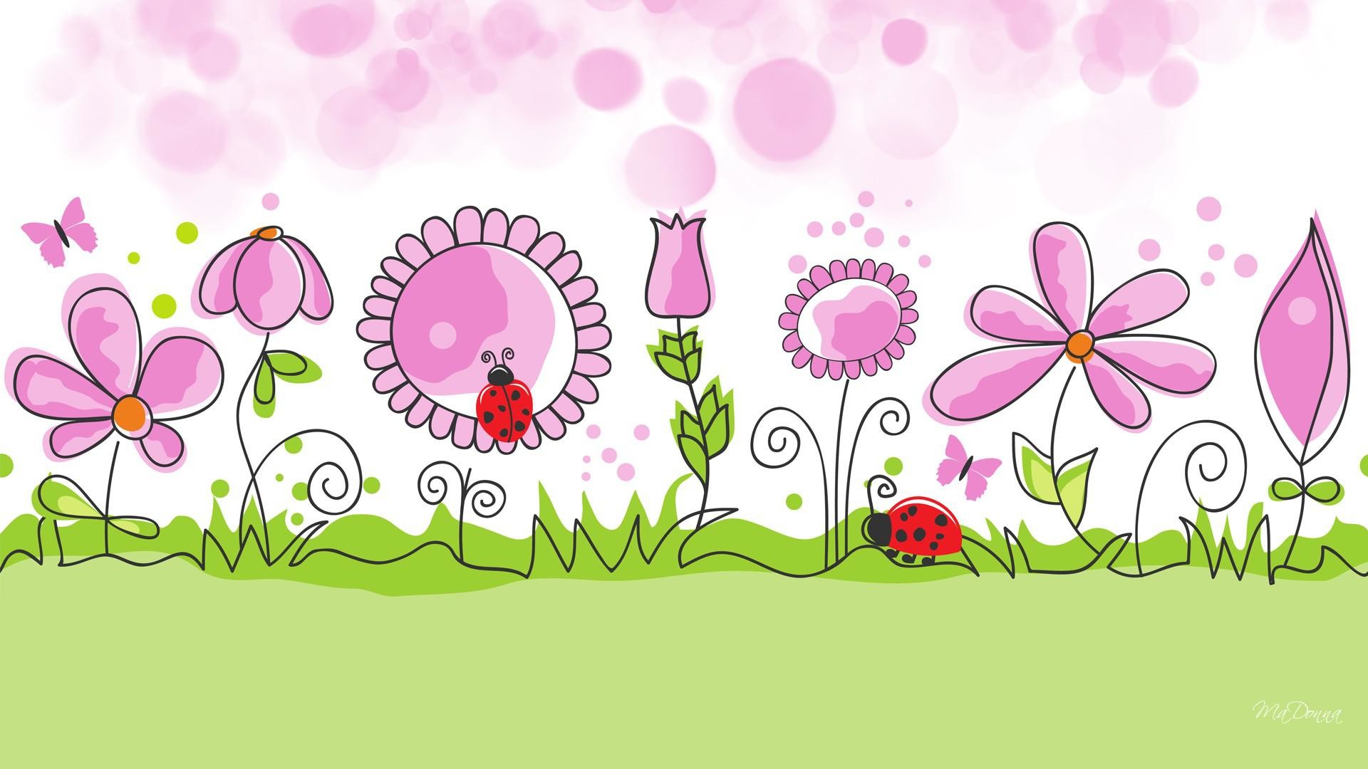 Floral illustration, Cartoon flowers, Ladybugs, Vector art, Pink flowers, Full HD laptop wallpaper