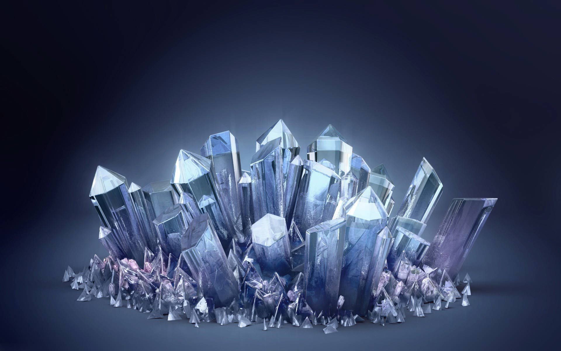 Crystal cluster, Quartz, Mineral, Blue crystals, Digital art, Dark background, PC wallpaper