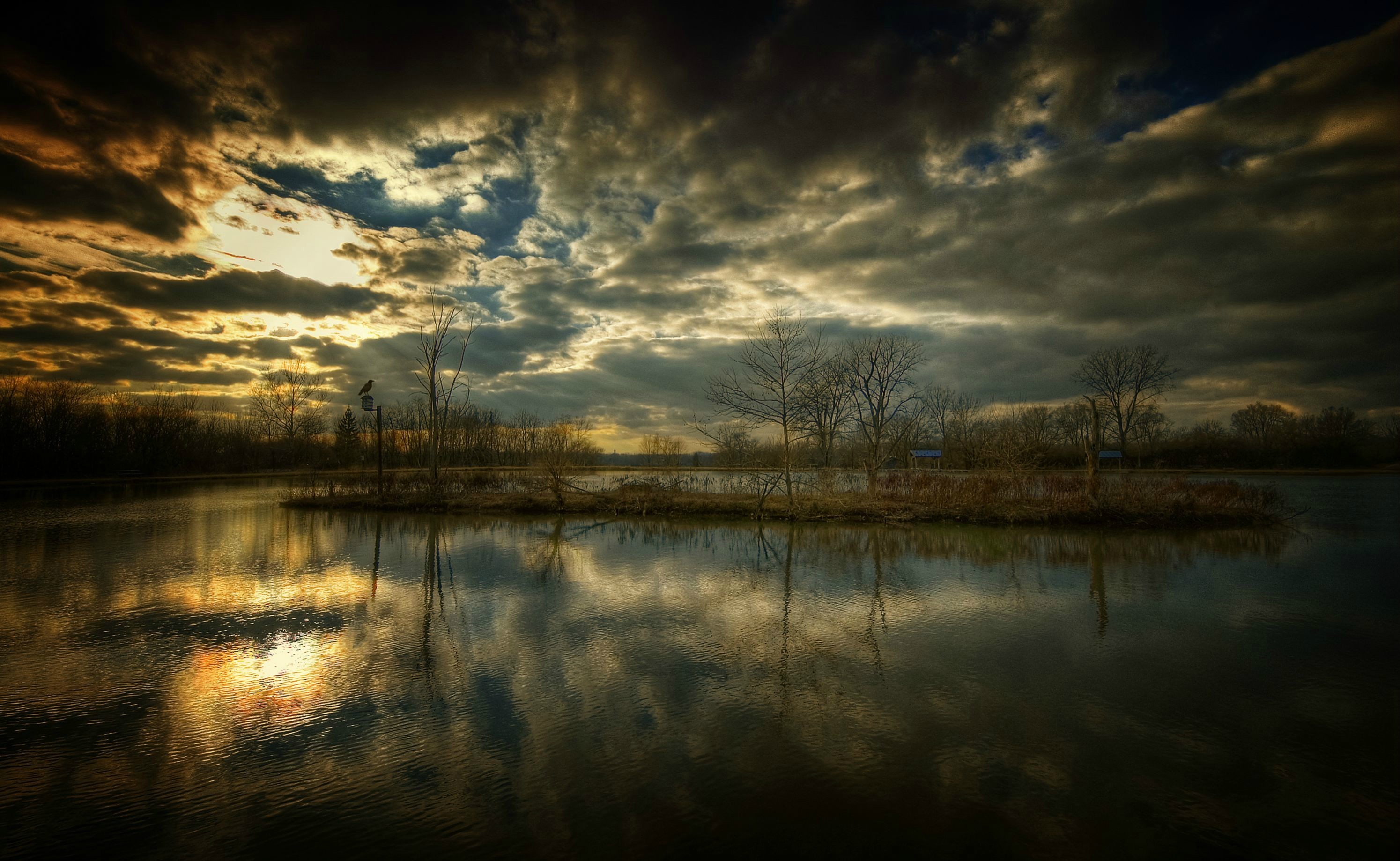 Lake, Sunset, Wetland, Reflective water, Dramatic clouds, Silhouette, 2K desktop wallpaper