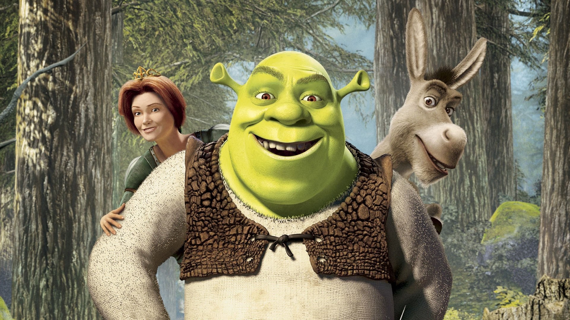 Shrek, Shrek (character), Donkey (Shrek), Princess Fiona, DreamWorks Animation, Forest, PC wallpaper