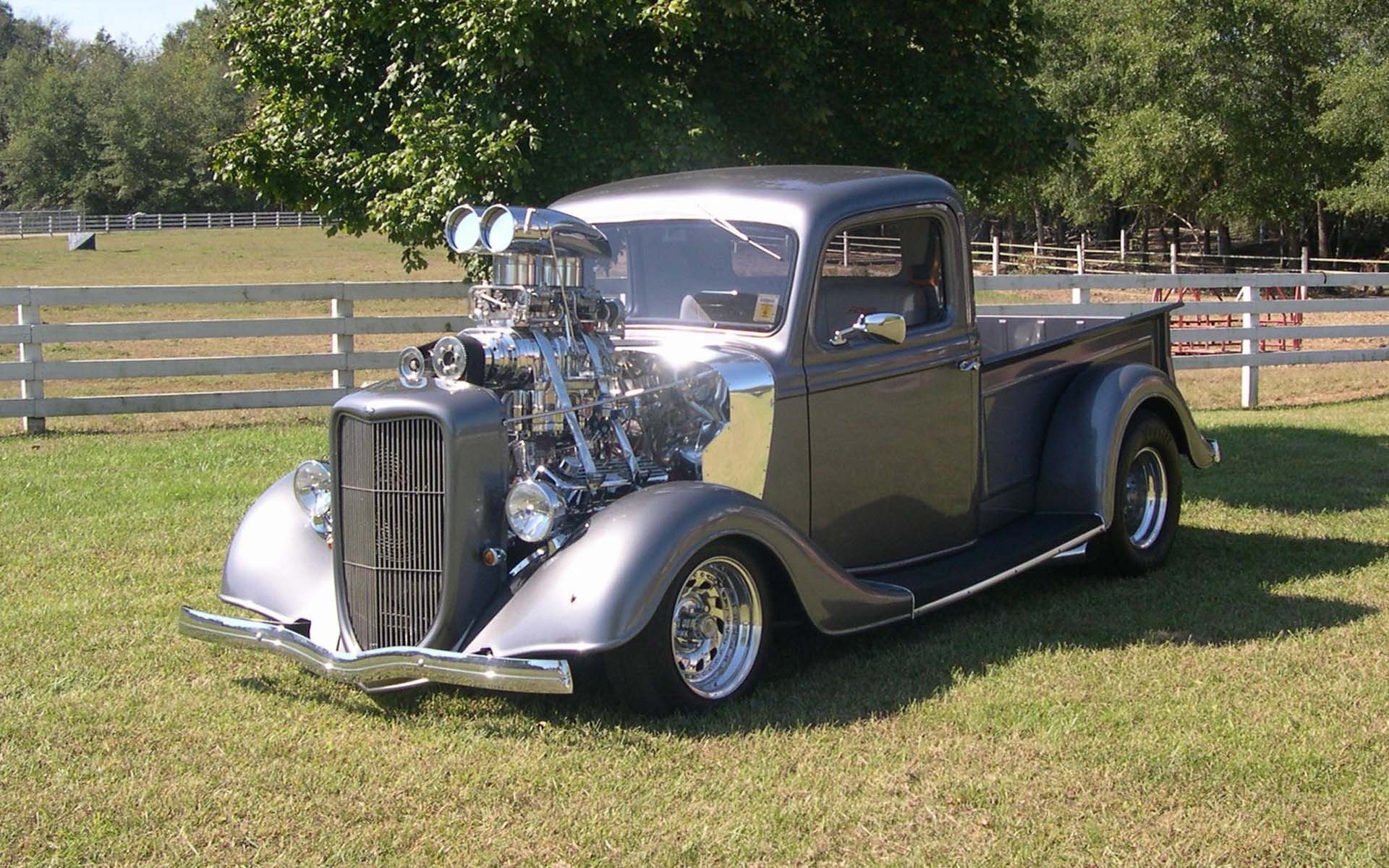 1934 Ford pickup, Hot rod, Classic pickup truck, Supercharged, Blower engine, Custom truck, Full HD background