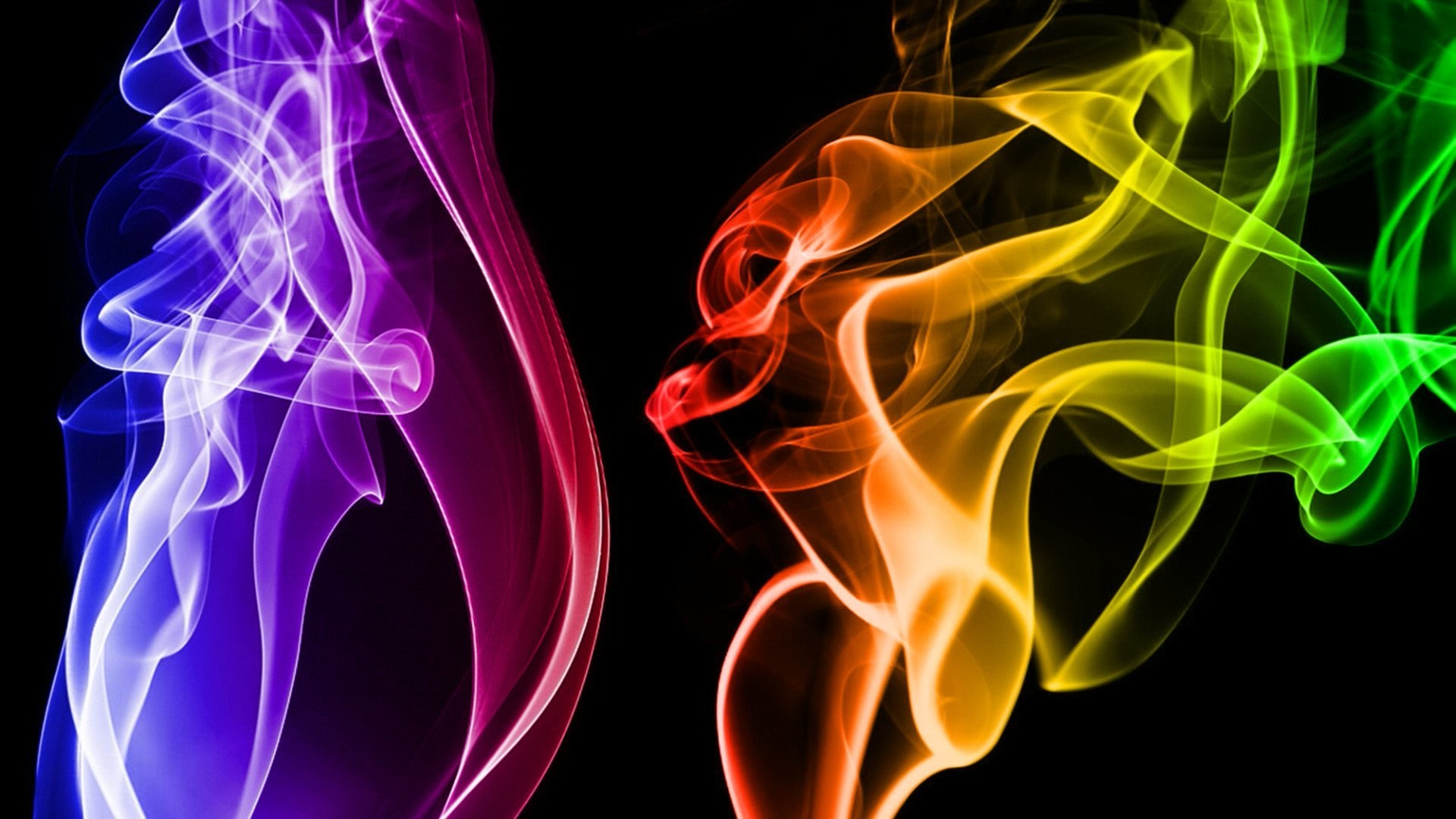 Smoke art, Abstract, Colorful smoke, Black background, Purple, Yellow, 1080p desktop wallpaper