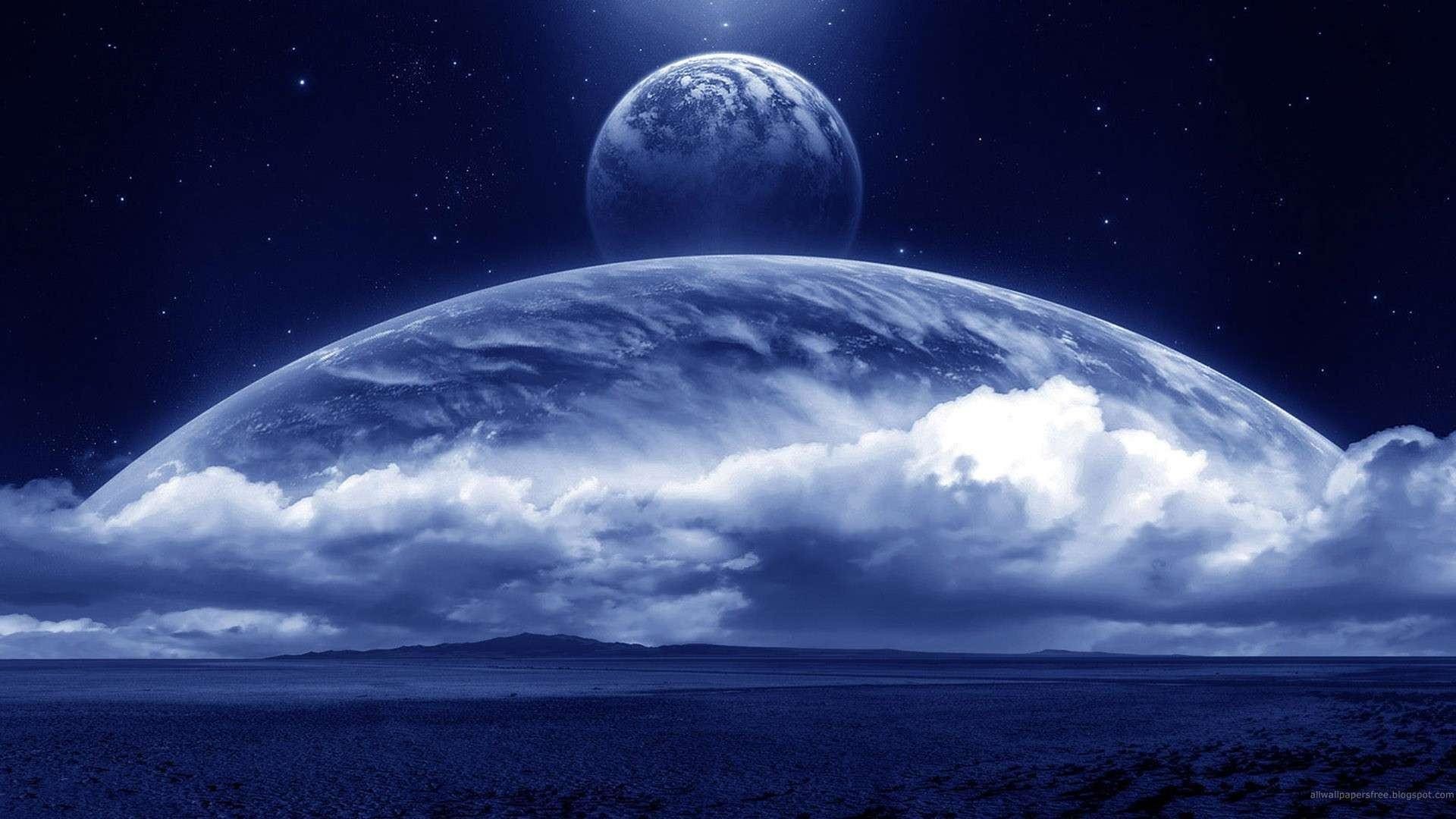 Planet horizon, Moon, Clouds, Blue, Full HD, Windows 11 wallpaper