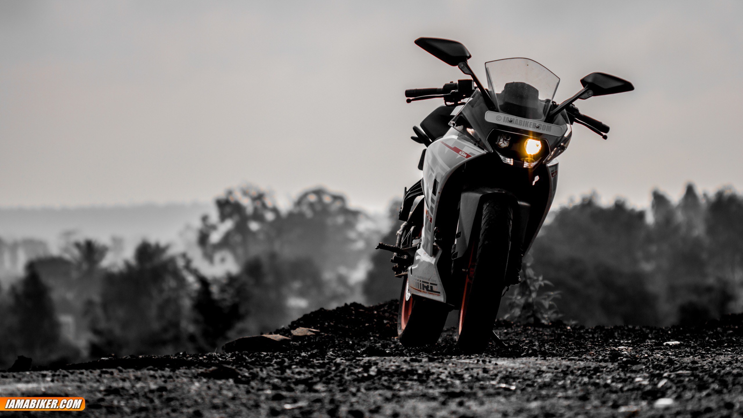 KTM RC 390, Headlight, Front view, Black and white, Selective color, 2K laptop wallpaper