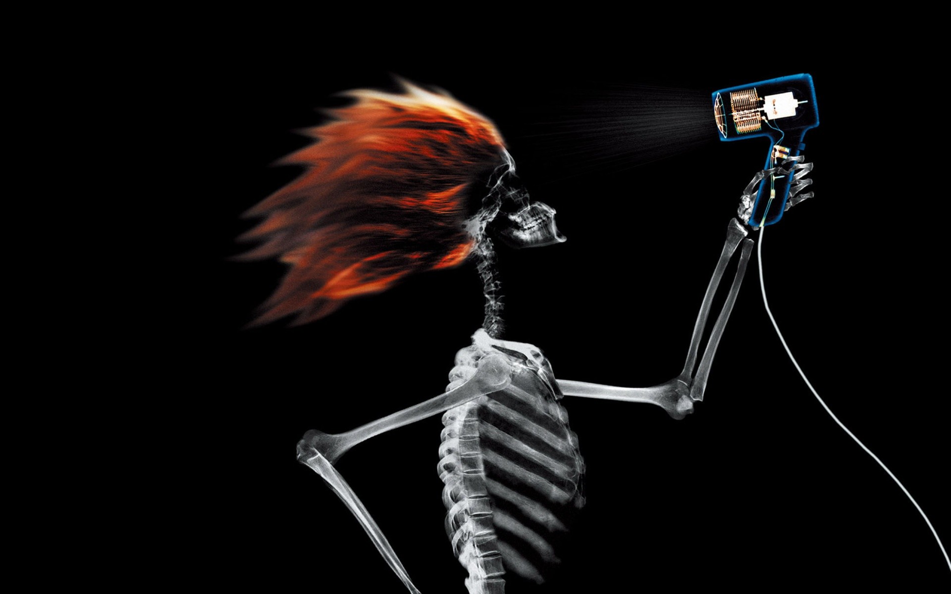 Skeleton, Hair dryer, Flaming hair, X-ray, Humour, Black background, MacBook Pro wallpaper