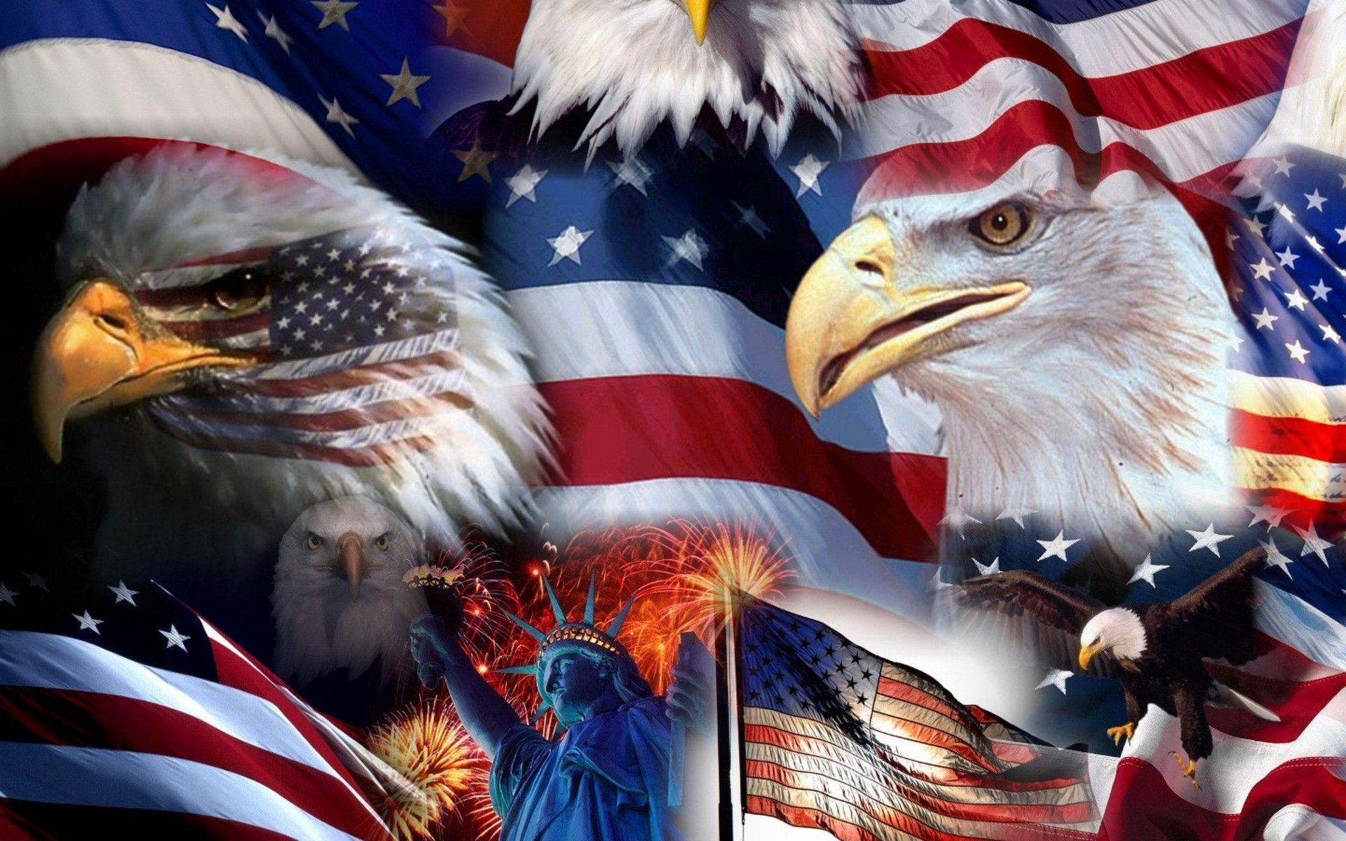 American flag, Bald eagles, Statue of Liberty, Fireworks, Collage, 1920x1200 PC wallpaper