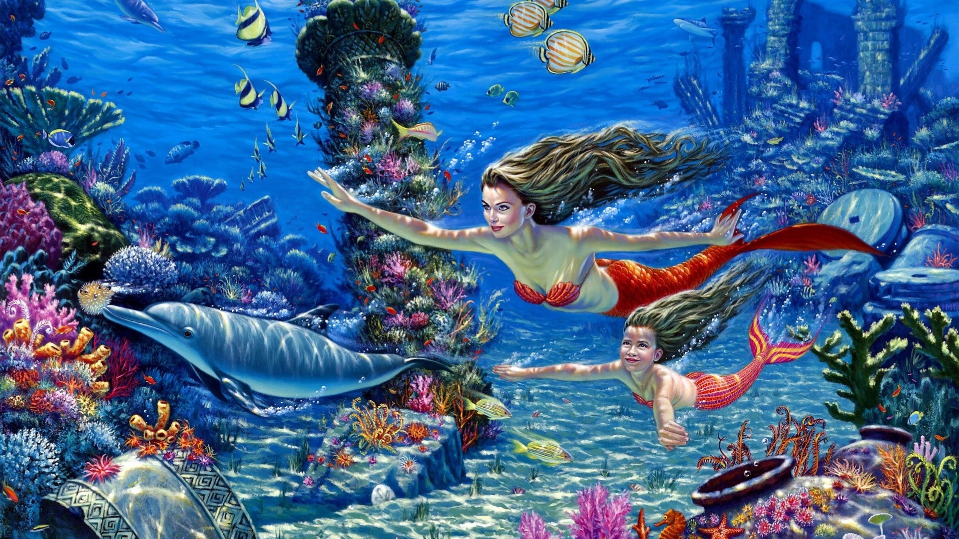Dolphin, Coral reef, Underwater, Fantasy art, Illustration, Full HD, Windows 11 wallpaper