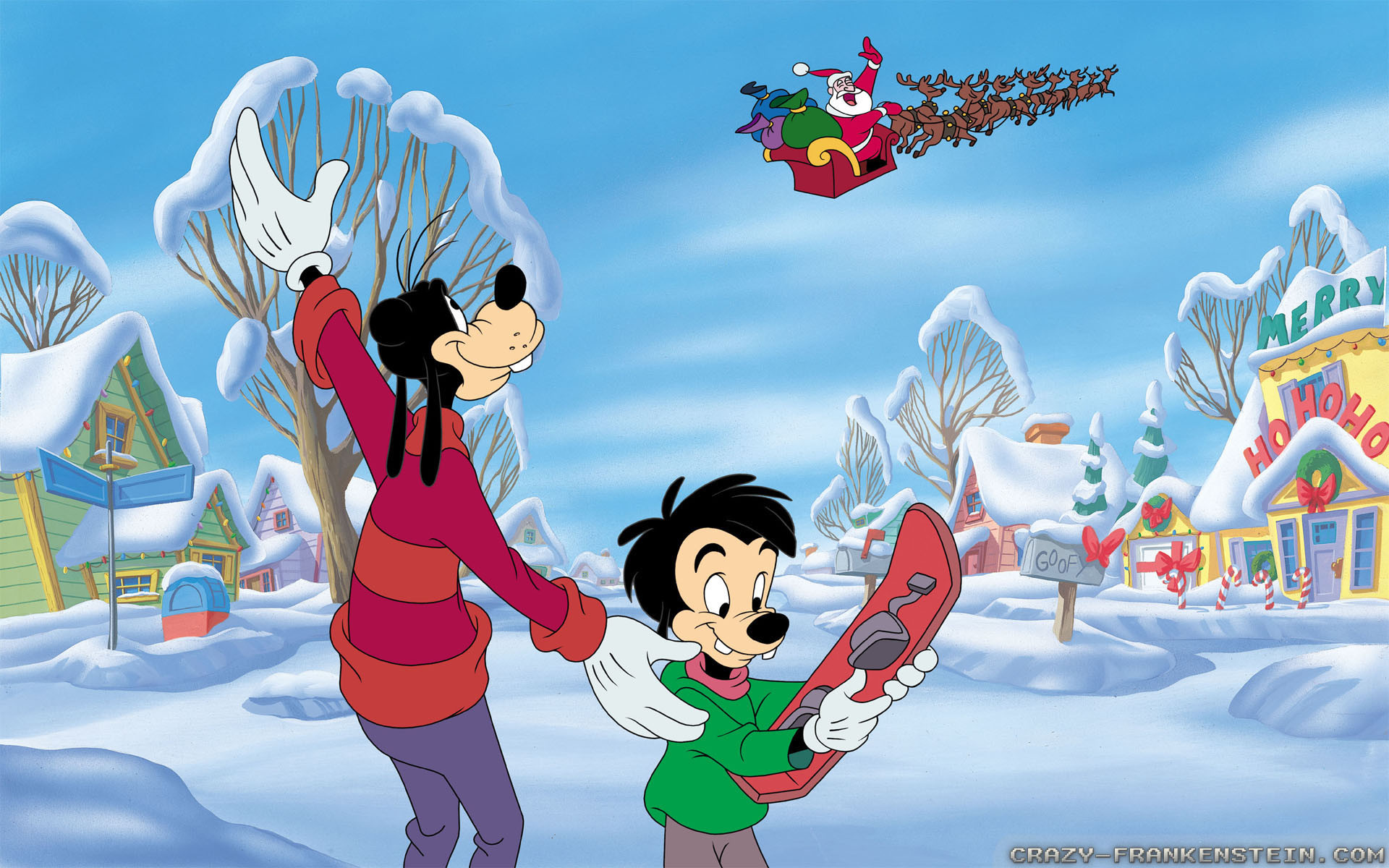 Goofy, Max Goof, Snowboard, Winter, Santa's sleigh, Disney, 1920x1200, desktop background