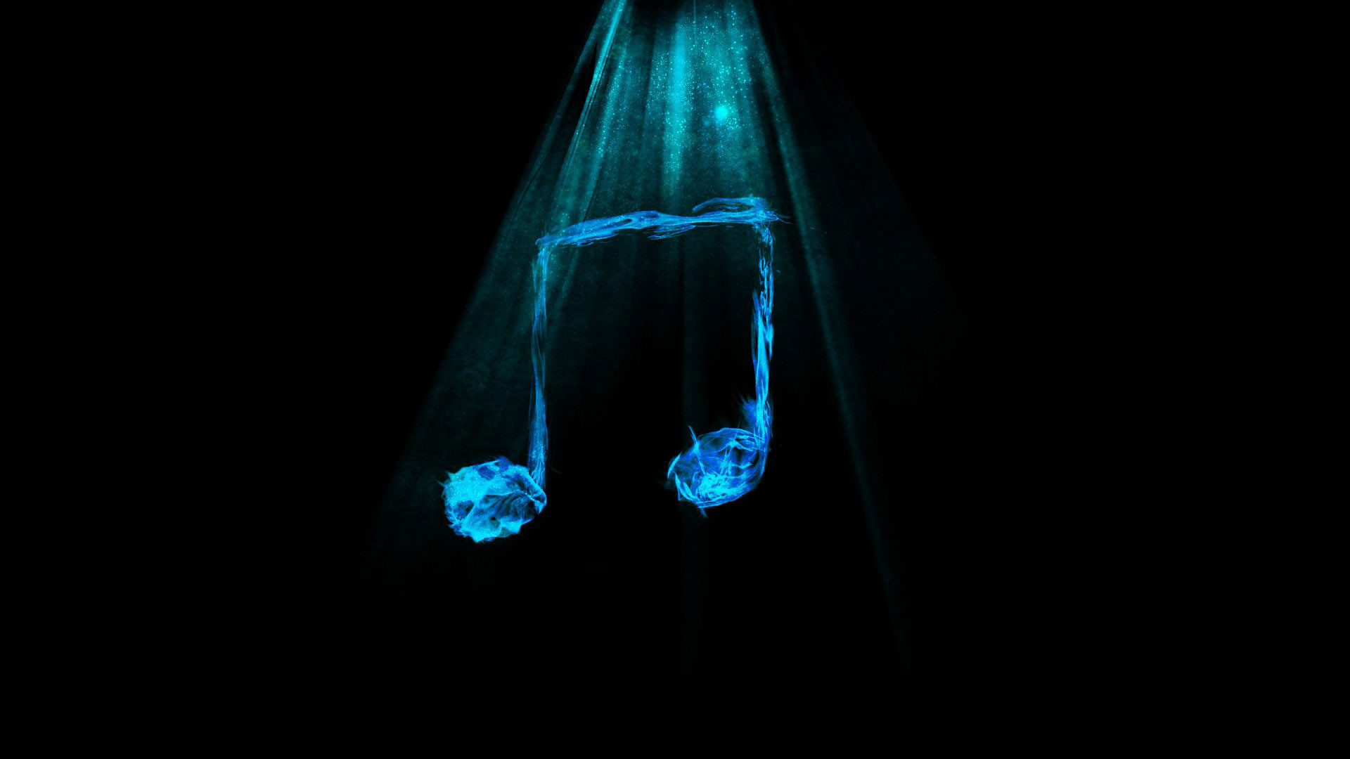 Glowing music note, Blue light, Black background, Full HD, wallpaper for PC