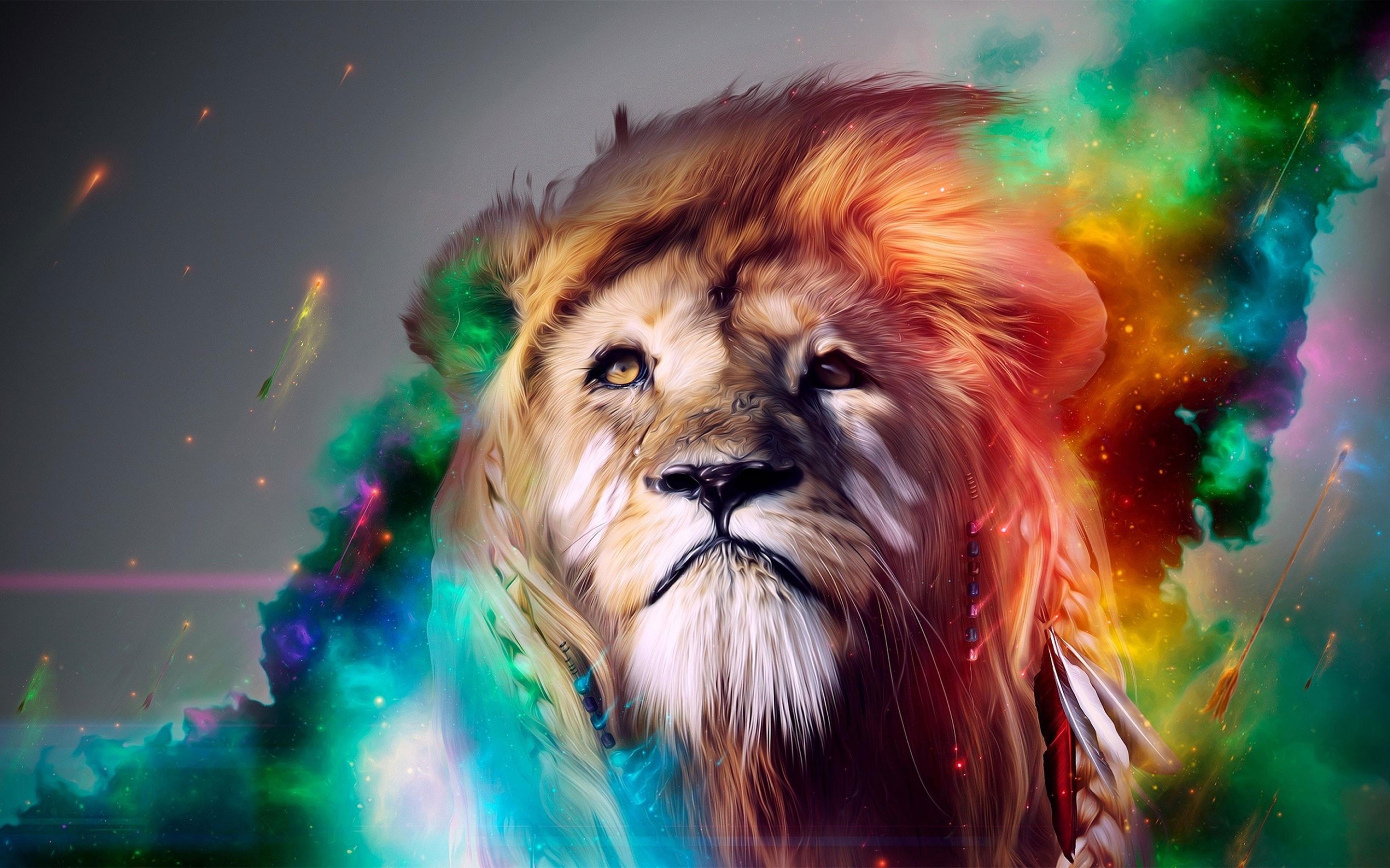 Lion, Rainbow, Nebula, Space art, Digital painting, Colorful, 2K, laptop background