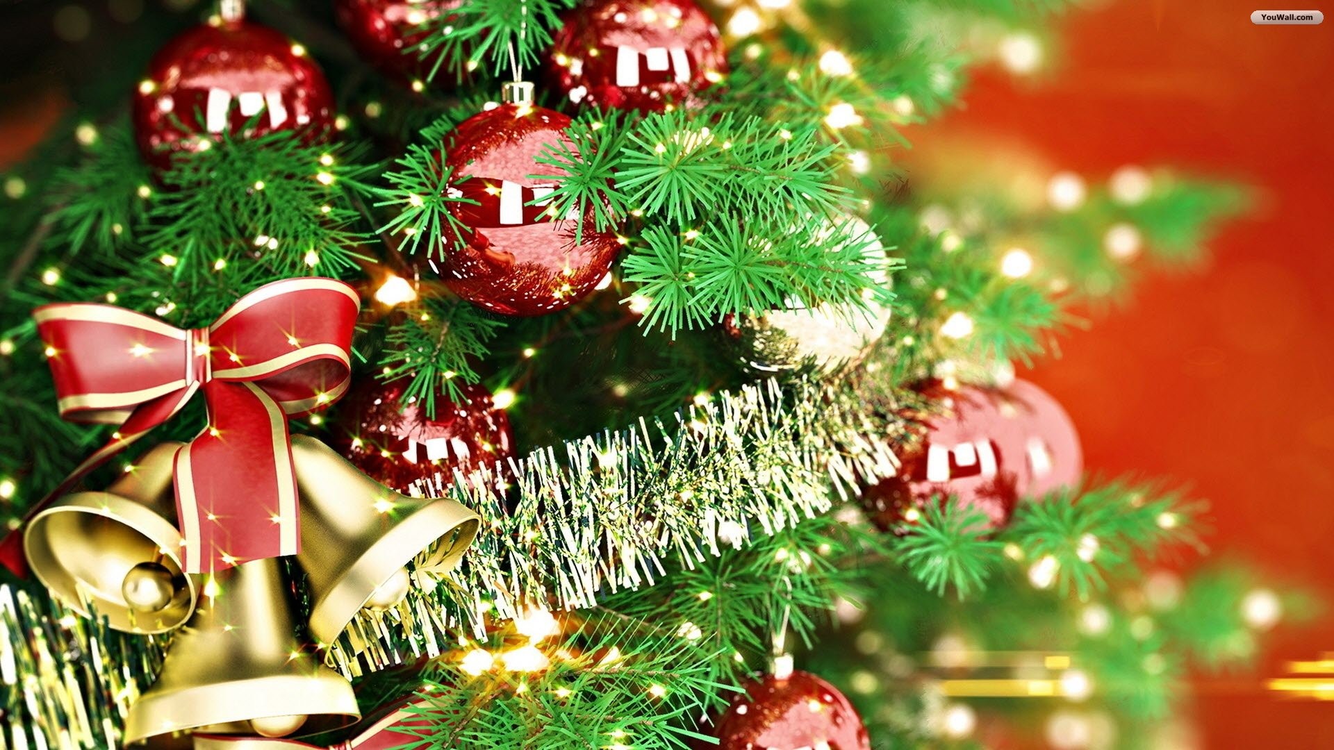 Christmas tree, Baubles, Bells, Garland, Close-up, Ornaments, Full HD 1080p, desktop wallpaper