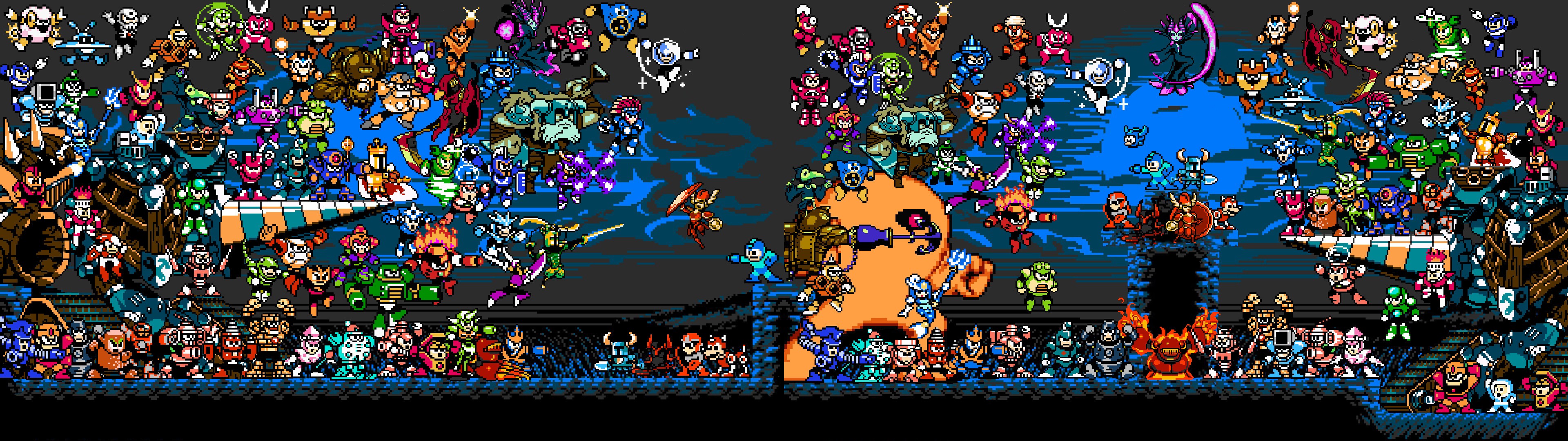 Shovel Knight, Characters, Pixel art, Crowd, 3840x1080, desktop background